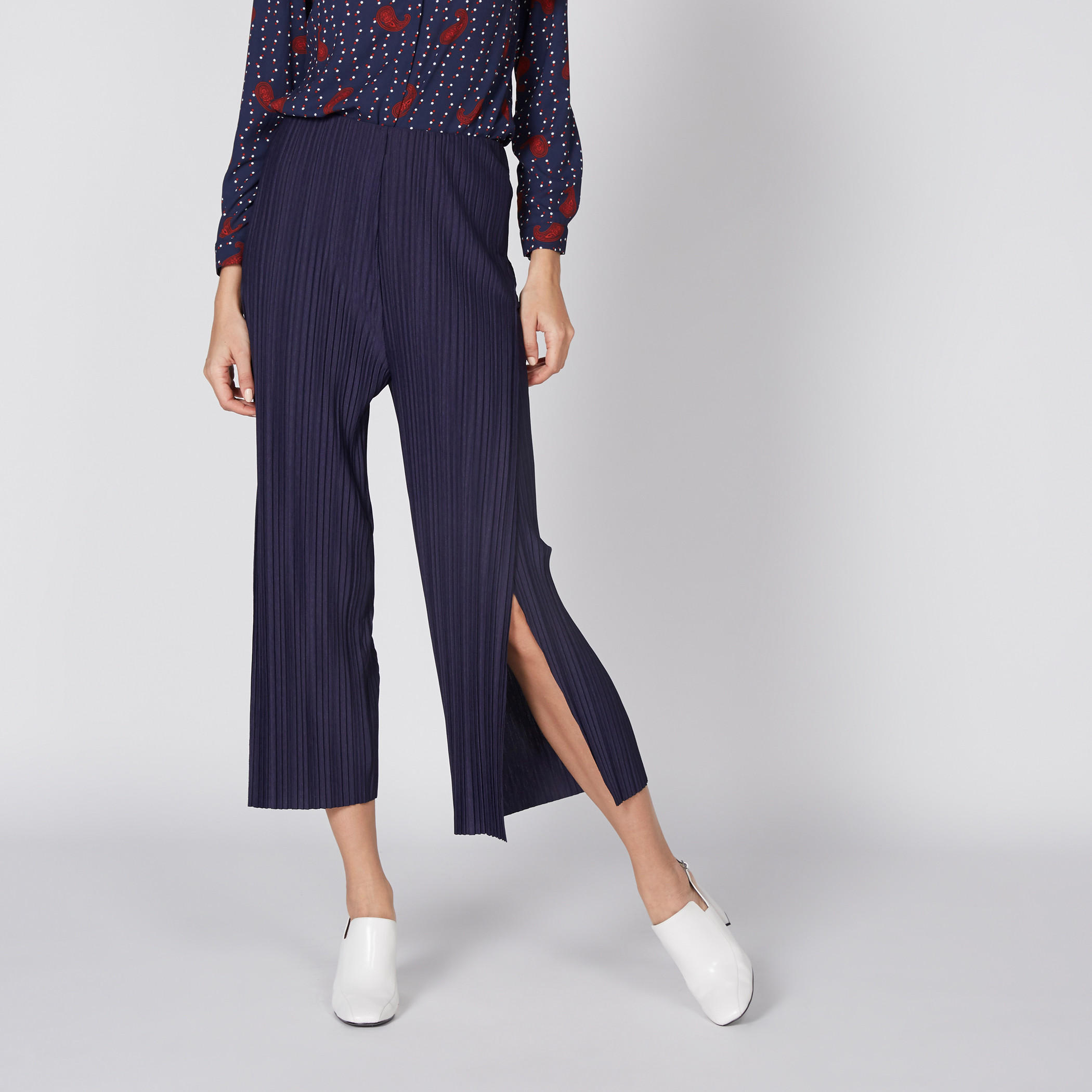 Pleated Culottes with Elasticised Waistband and Slit Detail-women-clothing-bottoms-trousers-image-1