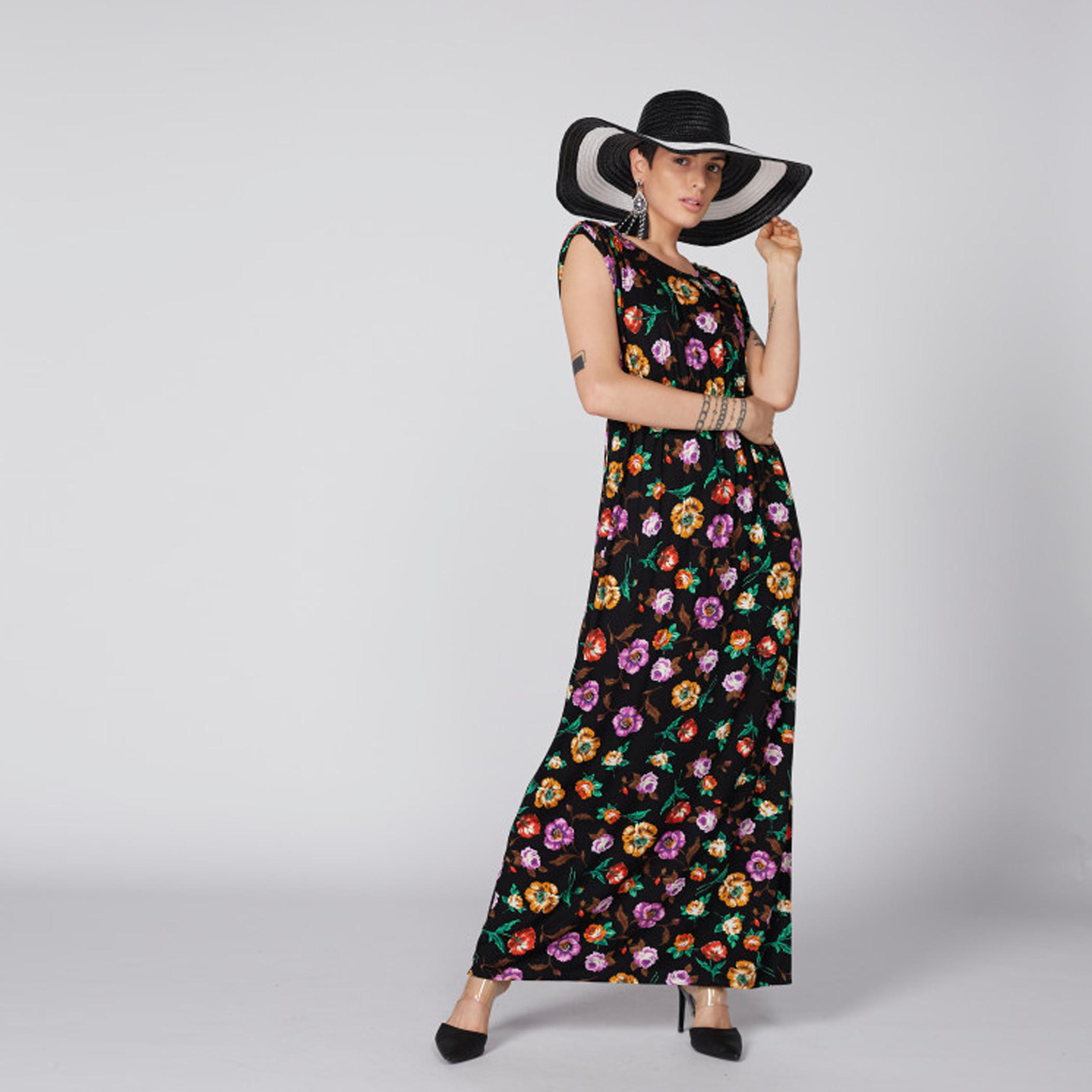 فستان طويل بياقة مستديرة وفتحة جانبية وطبعات أزهار-women-clothing-dresses-image-2