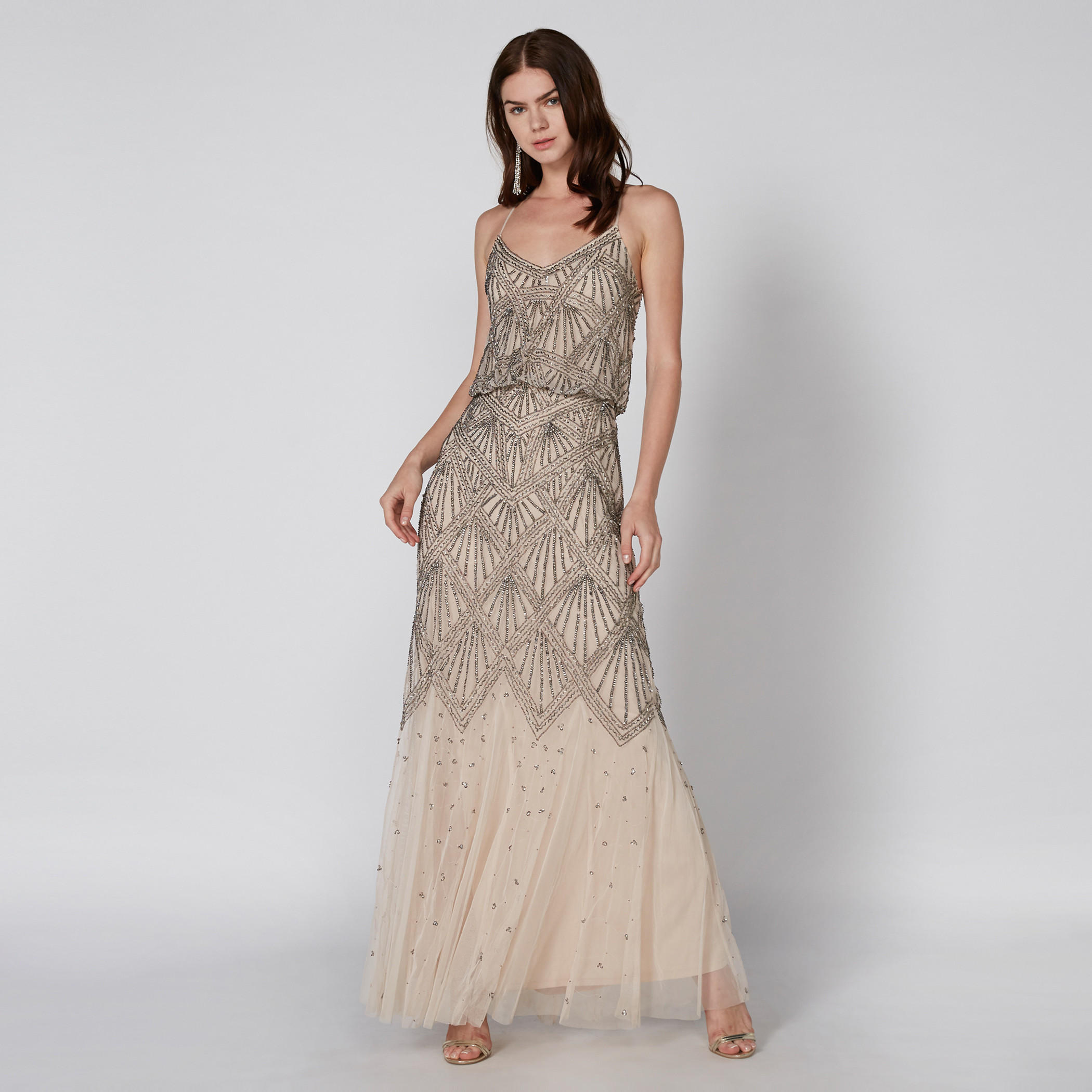 فستان طويل مزخرف دون أكمام بحمّالات متقاطعة وتفاصيل شبكية-women-clothing-dresses-image-1