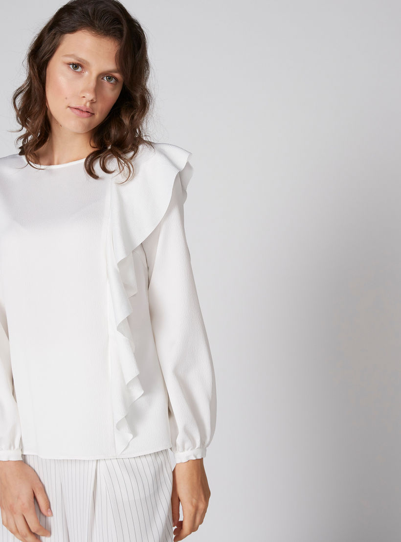 بلوزة بياقة مستديرة وأكمام طويلة وكشكش-women-clothing-shirtsandblouses-blouses-image-1