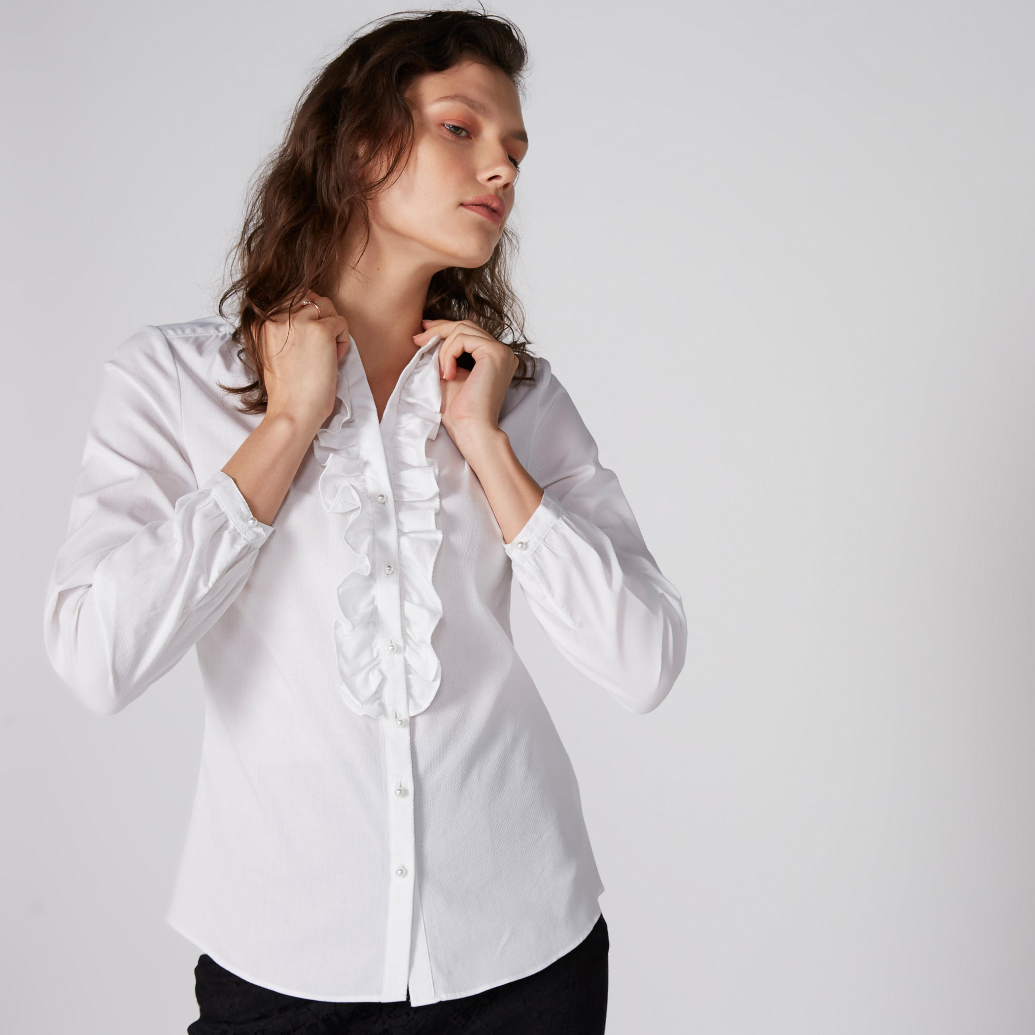 قميص بياقة ماندارين وأكمام طويلة وتفاصيل كشكش-women-clothing-shirtsandblouses-shirts-image-1