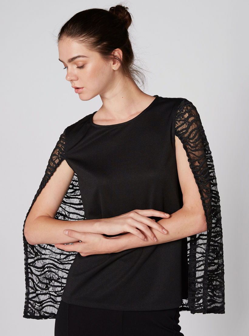 بلوزة كاب بياقة مستديرة وتفاصيل دانتيل-women-clothing-shirtsandblouses-blouses-image-1
