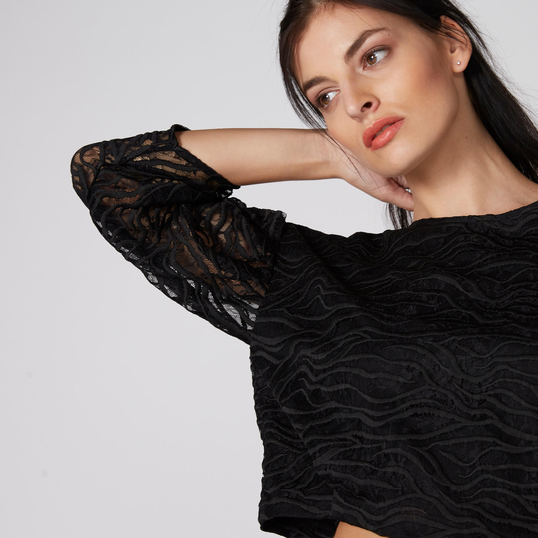 Lace Crop Top with Round Neck and 3/4 Sleeves-women-clothing-shirtsandblouses-blouses-image-1