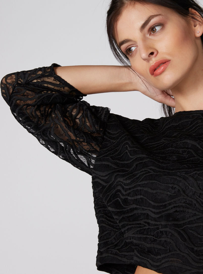 Lace Crop Top with Round Neck and 3/4 Sleeves-women-clothing-shirtsandblouses-blouses-image-1
