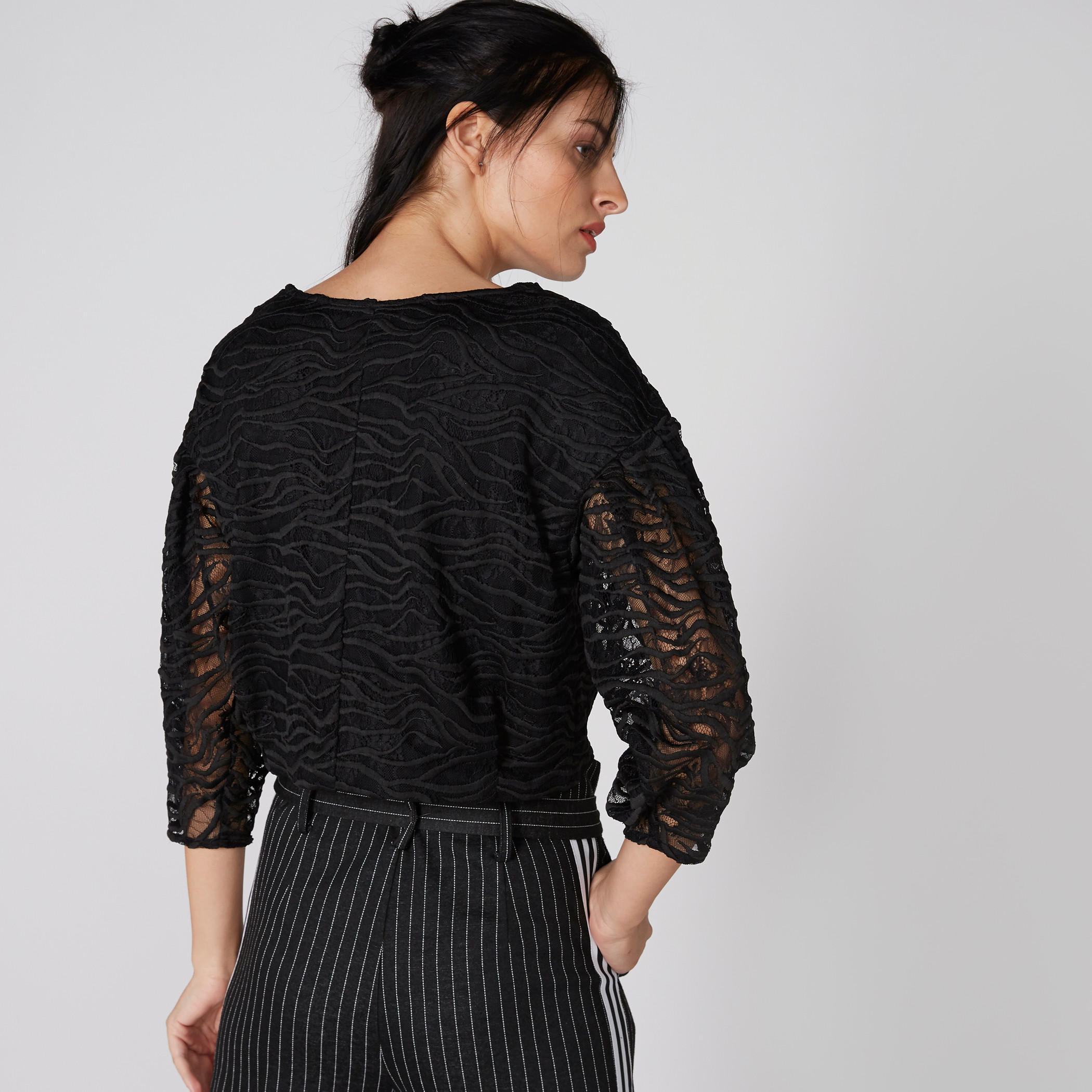 Lace Crop Top with Round Neck and 3/4 Sleeves-women-clothing-shirtsandblouses-blouses-image-2