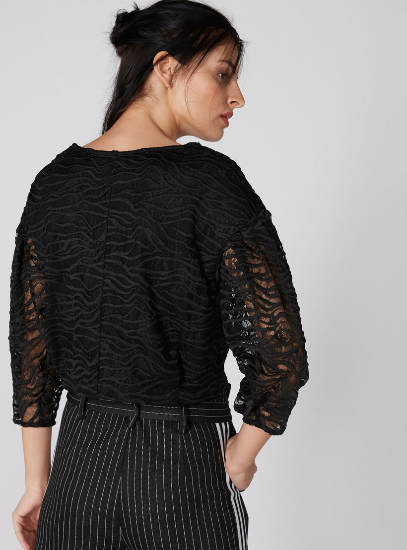 Lace Crop Top with Round Neck and 3/4 Sleeves-women-clothing-shirtsandblouses-blouses-image-2