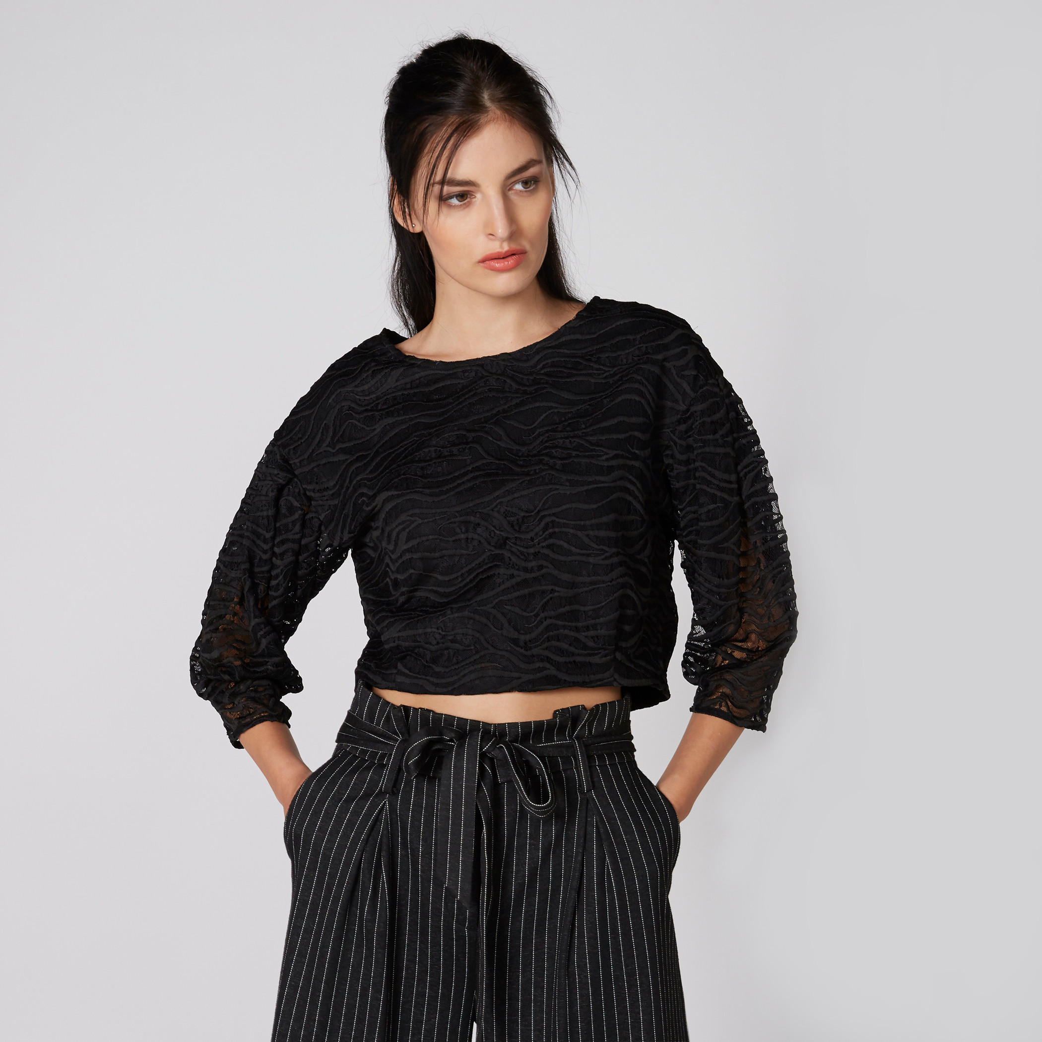 Lace Crop Top with Round Neck and 3/4 Sleeves-women-clothing-shirtsandblouses-blouses-image-4