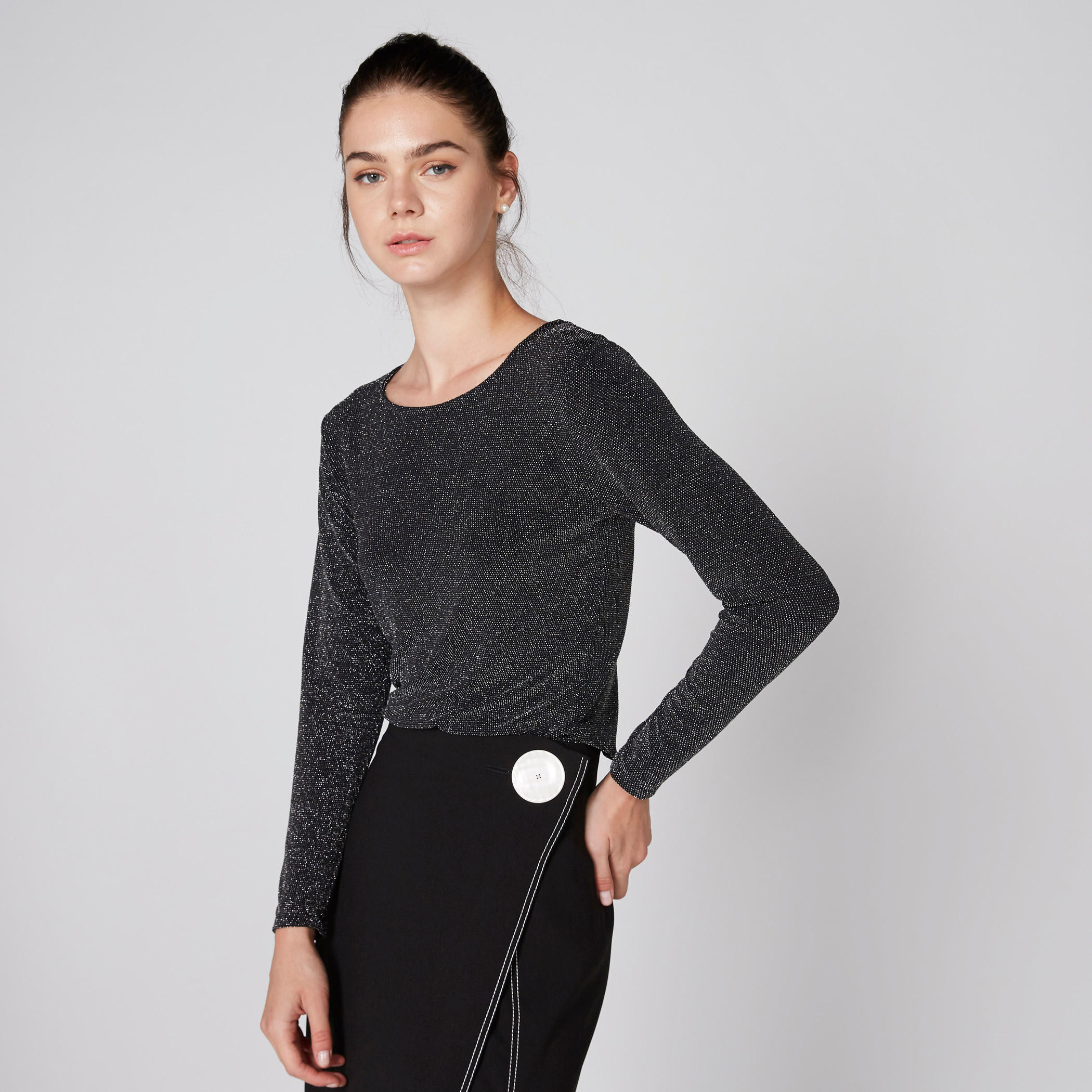 Textured Top with Round Neck and Long Sleeves-women-clothing-shirtsandblouses-blouses-image-3