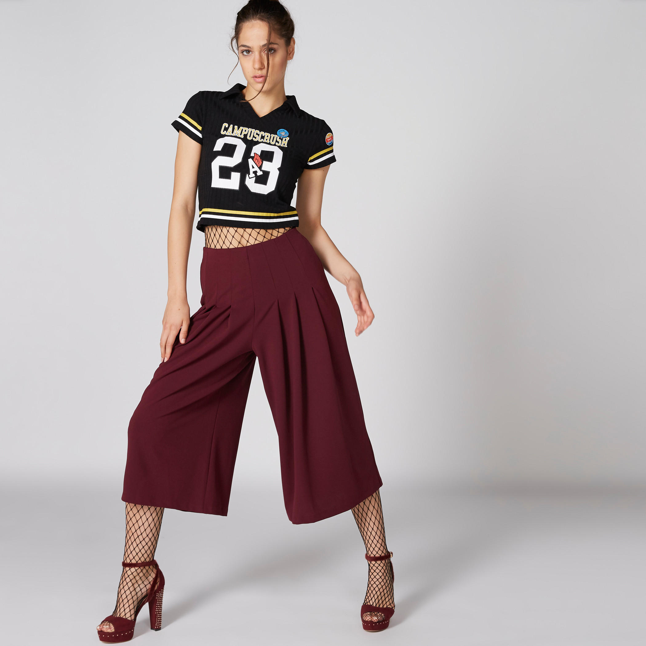 بنطال واسع الساقين بخصر مطّاطي وكشكش-women-clothing-bottoms-trousers-image-1