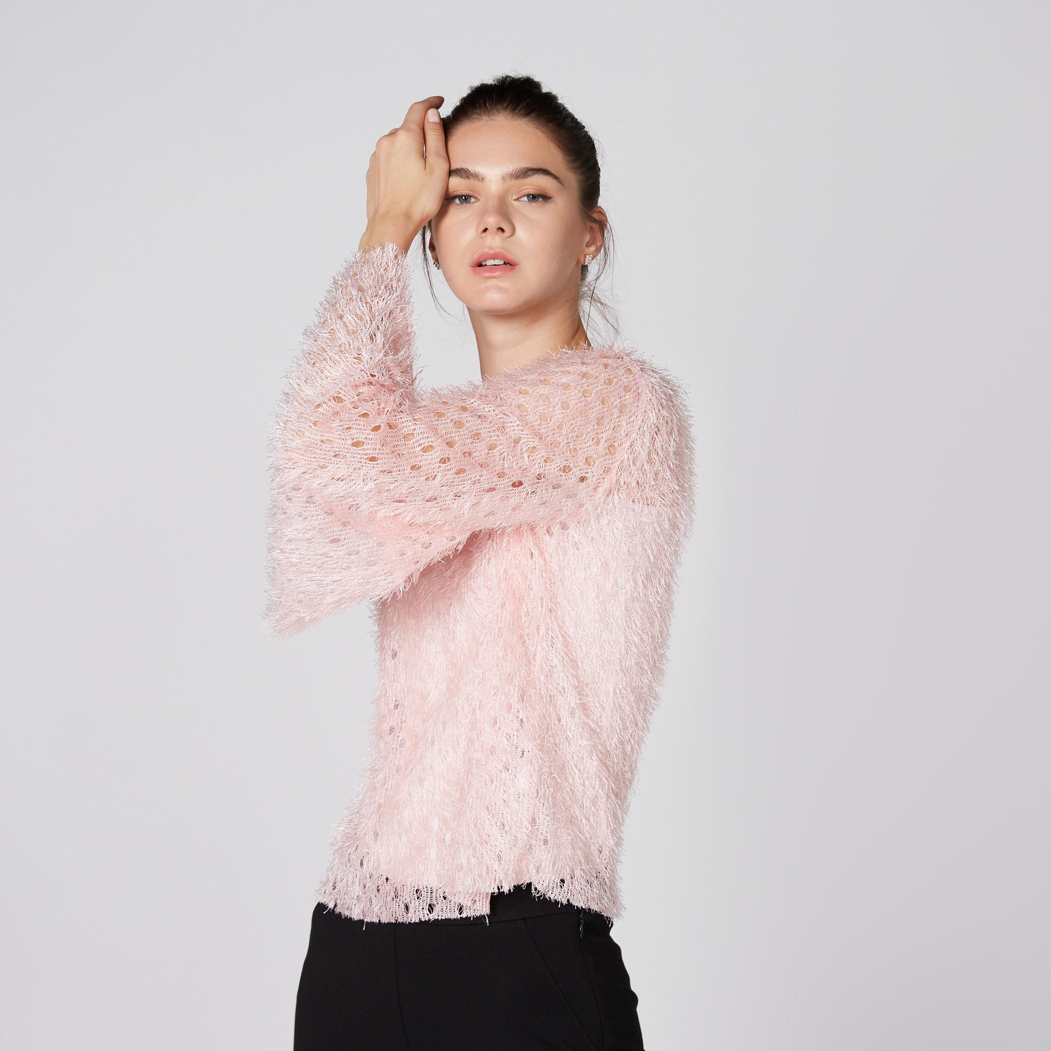 كنزة بارزة الملمس بياقة مستديرة وأكمام طويلة واسعة-women-clothing-cardigansandjumpers-jumpers-image-5