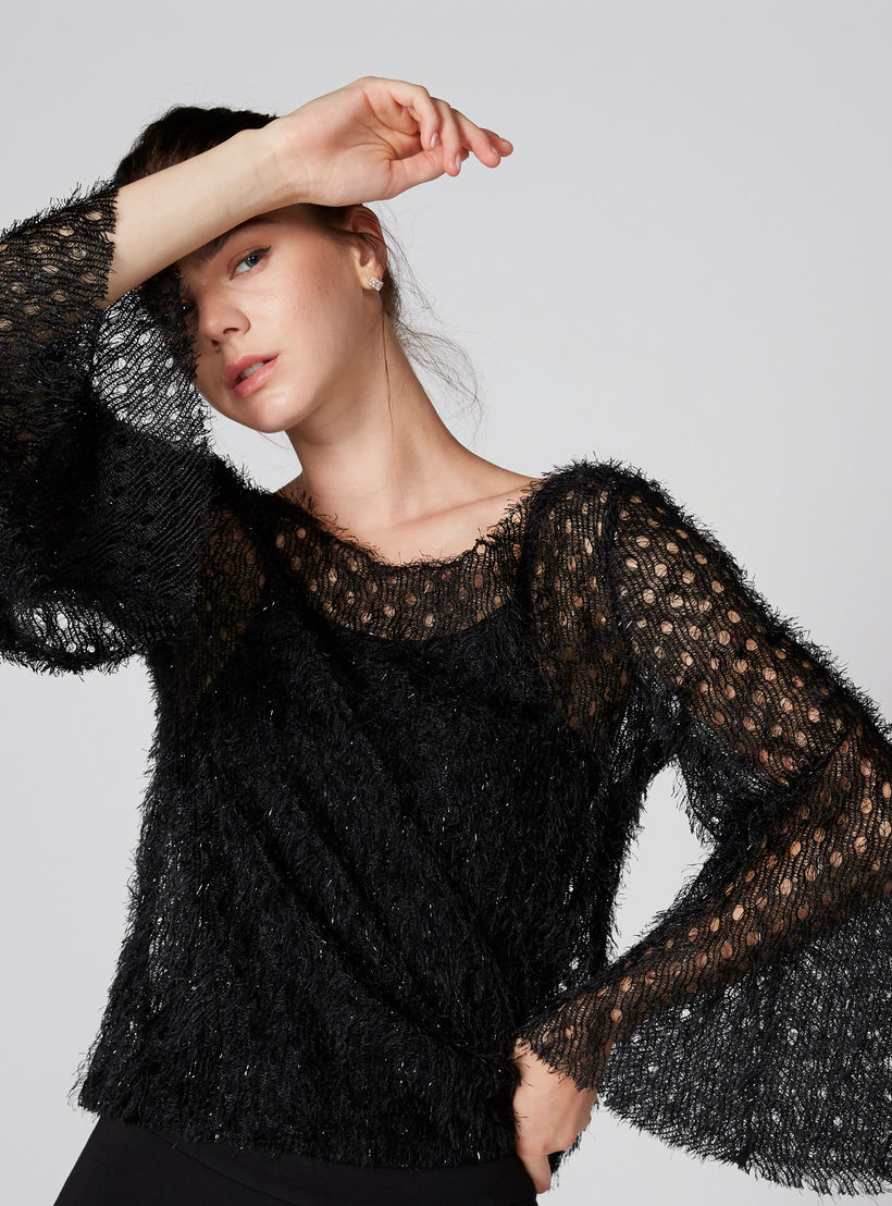بلوزة بارزة الملمس بياقة مستديرة وأكمام طويلة واسعة-women-clothing-shirtsandblouses-blouses-image-1