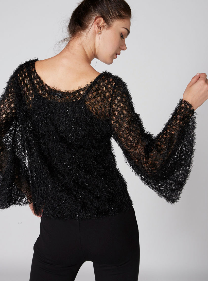 بلوزة بارزة الملمس بياقة مستديرة وأكمام طويلة واسعة-women-clothing-shirtsandblouses-blouses-image-2