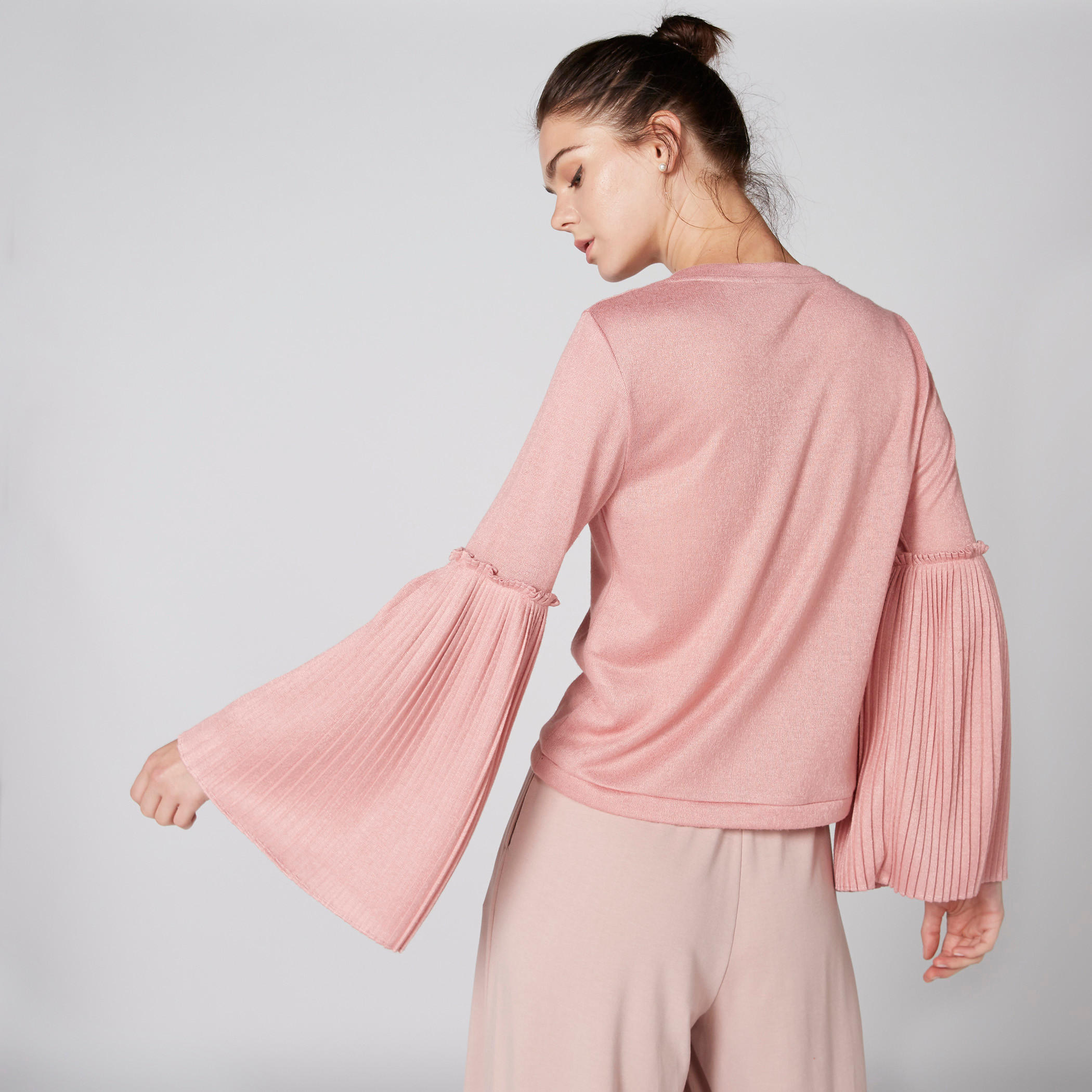 Pleated Long Sleeves Top with Round Neck-women-clothing-shirtsandblouses-blouses-image-2