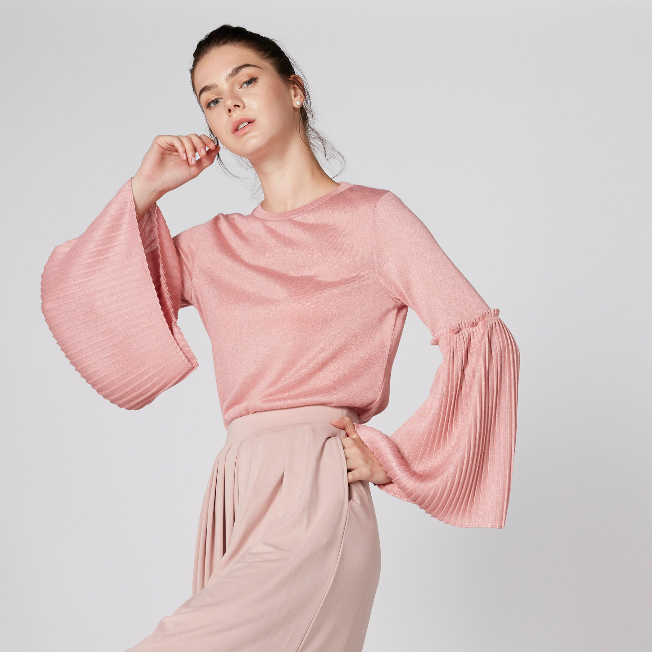 Pleated Long Sleeves Top with Round Neck-women-clothing-shirtsandblouses-blouses-image-3