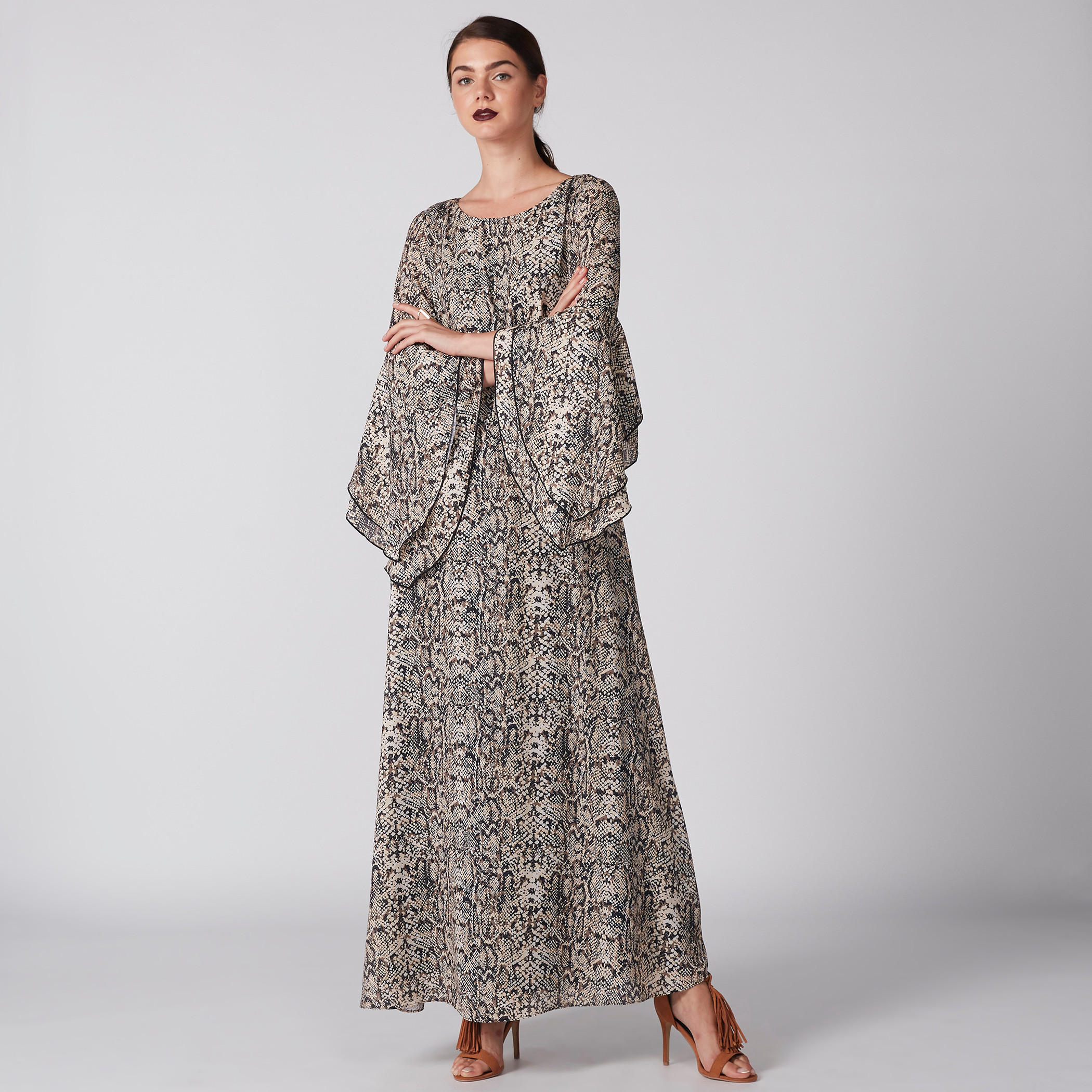 Printed Maxi Dress with Round Neck and Flared Sleeves-women-clothing-dresses-image-3