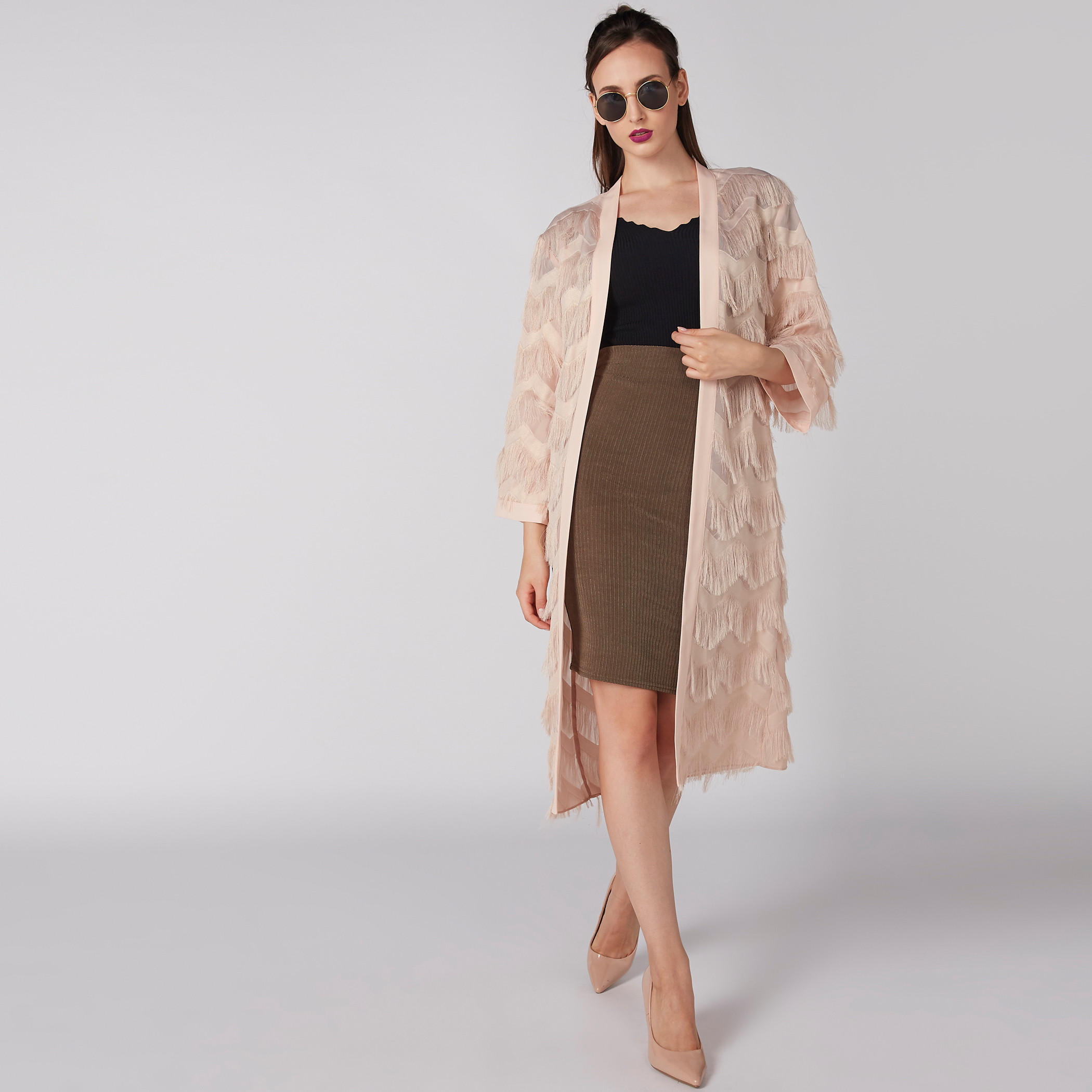 سترة طويلة مفتوحة بتفاصيل شراشيب وأكمام 3/4-women-winterwear-cardigansandjumpers-cardigans-image-1