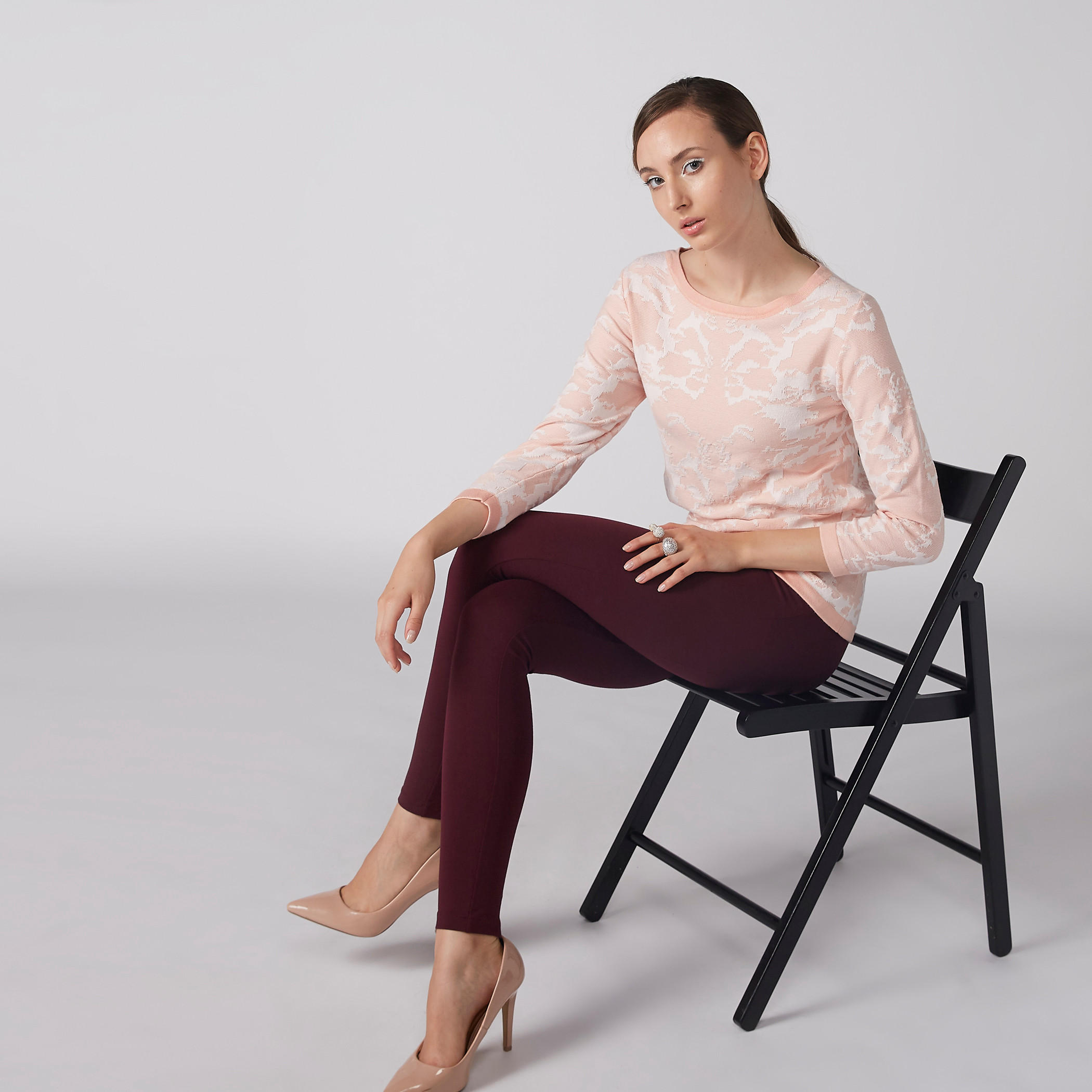Jacquard Sweat Top with Round Neck and 3/4 Sleeves-women-clothing-tshirts-image-3