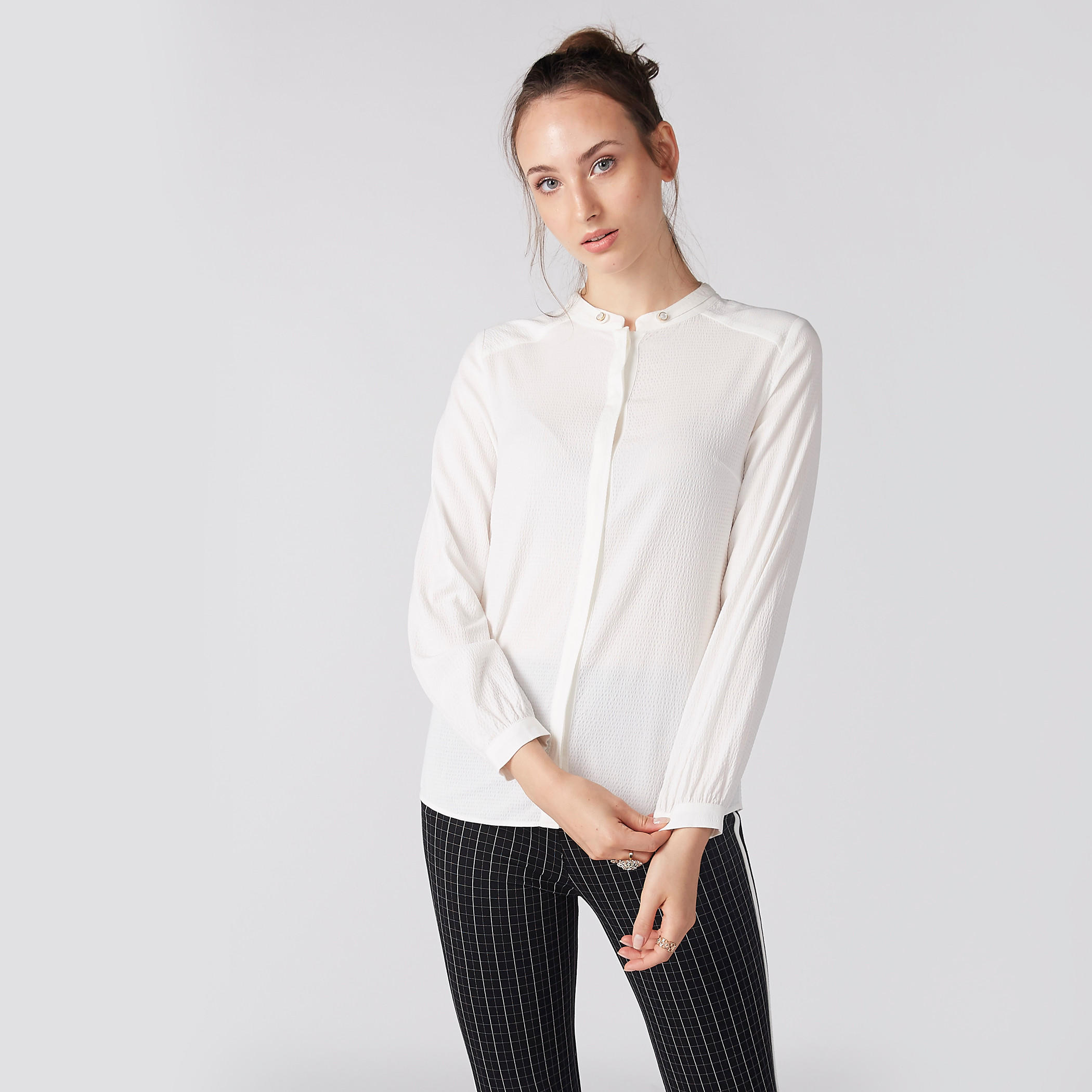 Textured Shirt with Mandarin Collar and Concealed Placket-women-clothing-shirtsandblouses-shirts-image-1