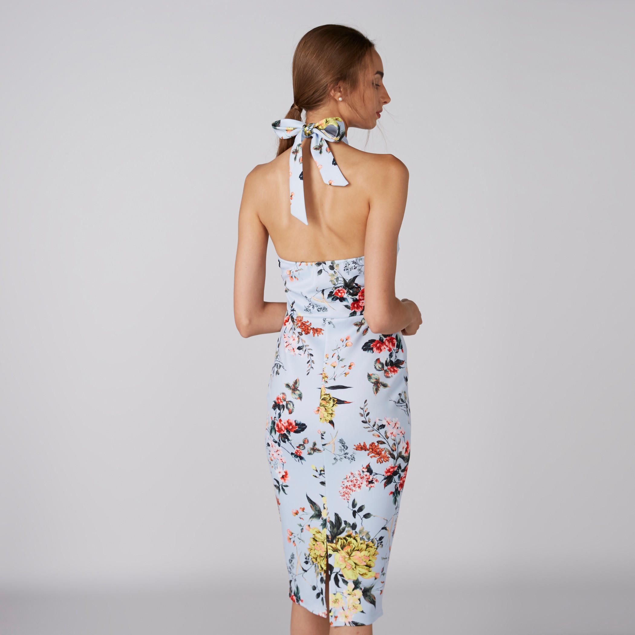 فستان متوسط الطول بياقة هالتر وطبعات أزهار-women-clothing-dresses-image-1