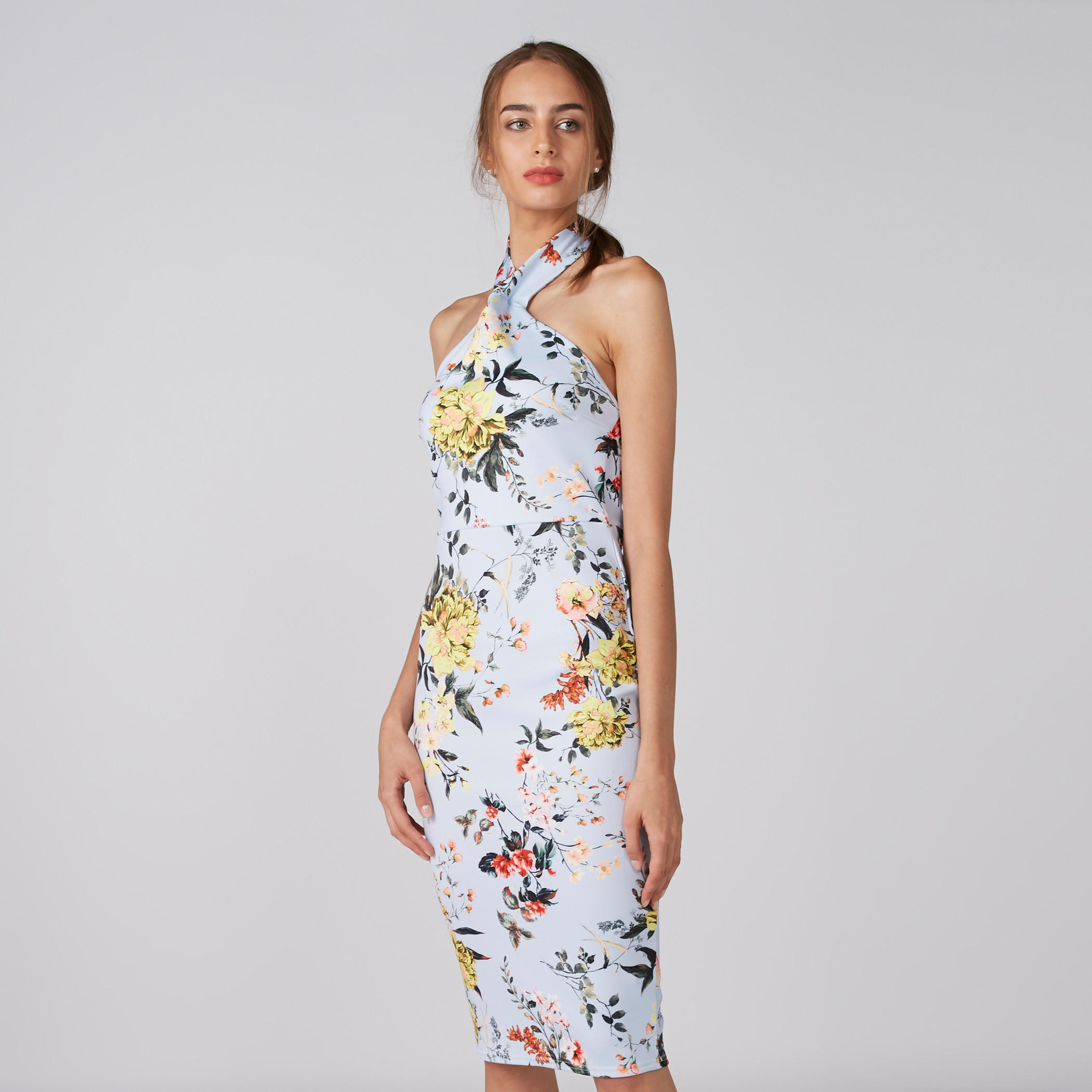 فستان متوسط الطول بياقة هالتر وطبعات أزهار-women-clothing-dresses-image-2