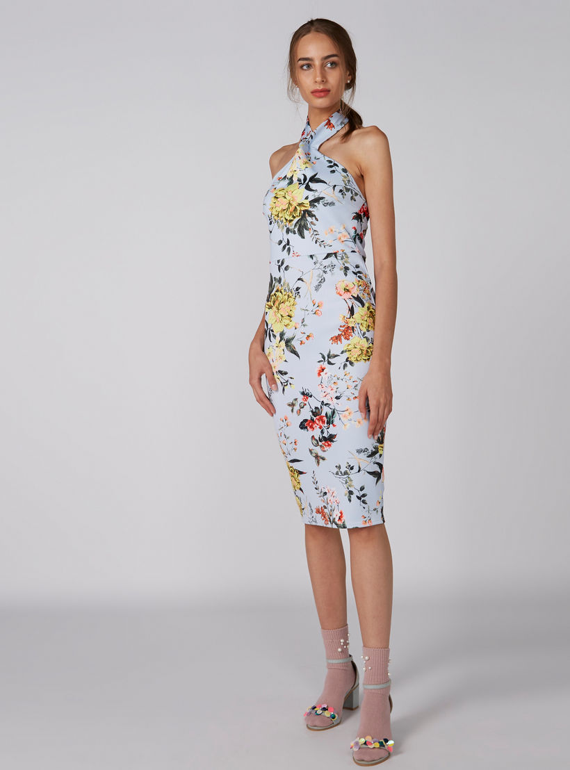فستان متوسط الطول بياقة هالتر وطبعات أزهار-women-clothing-dresses-image-3