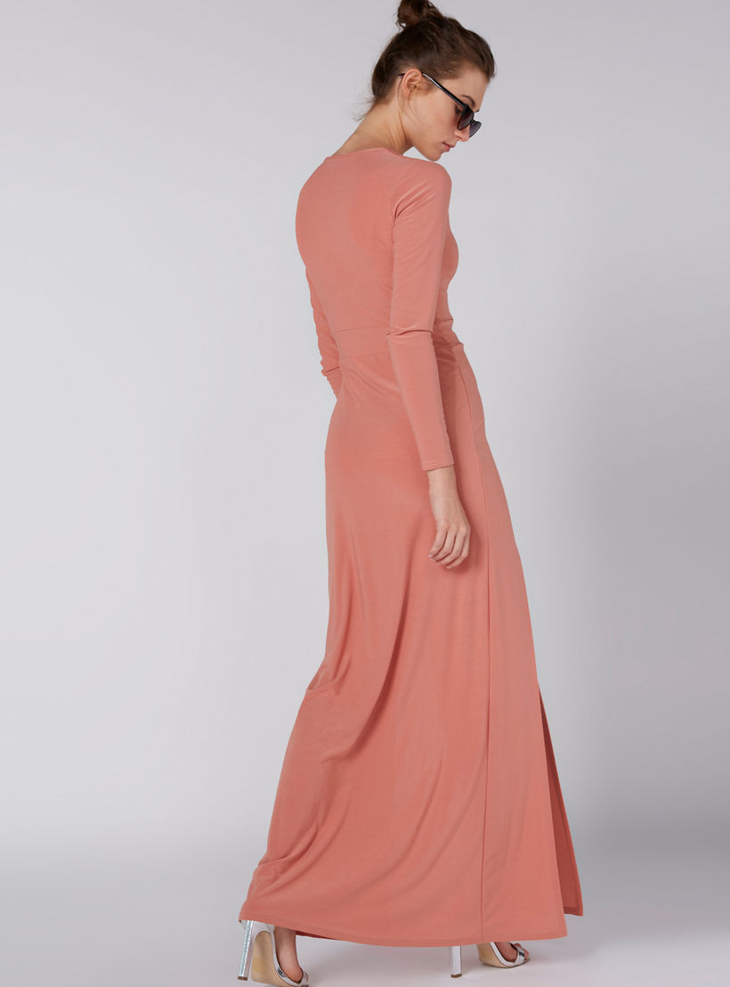 فستان ماكسي إيه لاين بأكمام طويلة وفتحات وياقة V-women-clothing-dresses-image-6