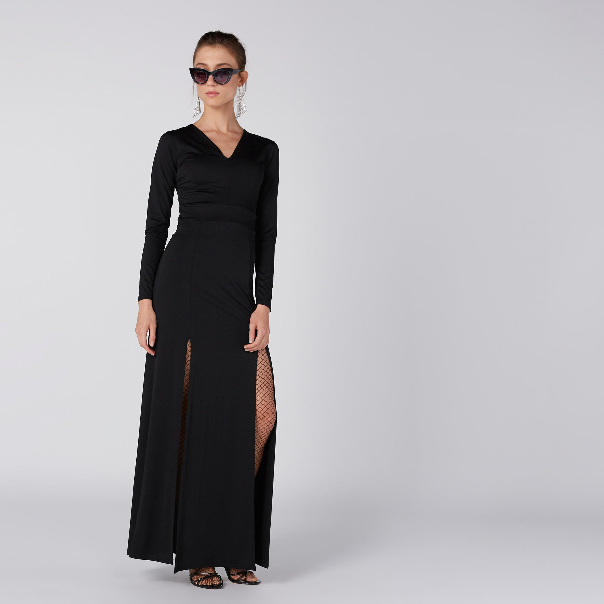 فستان ماكسي إيه لاين بأكمام طويلة وفتحات وياقة V-women-clothing-dresses-image-4