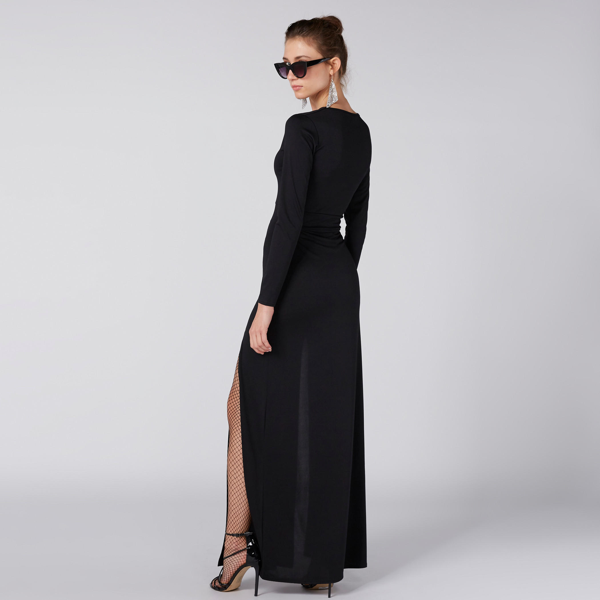 فستان ماكسي إيه لاين بأكمام طويلة وفتحات وياقة V-women-clothing-dresses-image-6