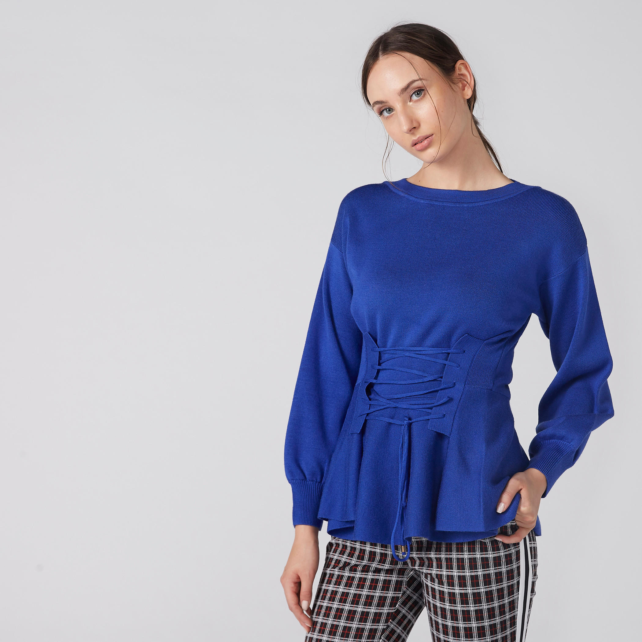 بلوزة بارزة الملمس بياقة مستديرة وأكمام طويلة ورباط-women-clothing-shirtsandblouses-blouses-image-2