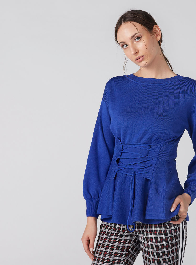 بلوزة بارزة الملمس بياقة مستديرة وأكمام طويلة ورباط-women-clothing-shirtsandblouses-blouses-image-2