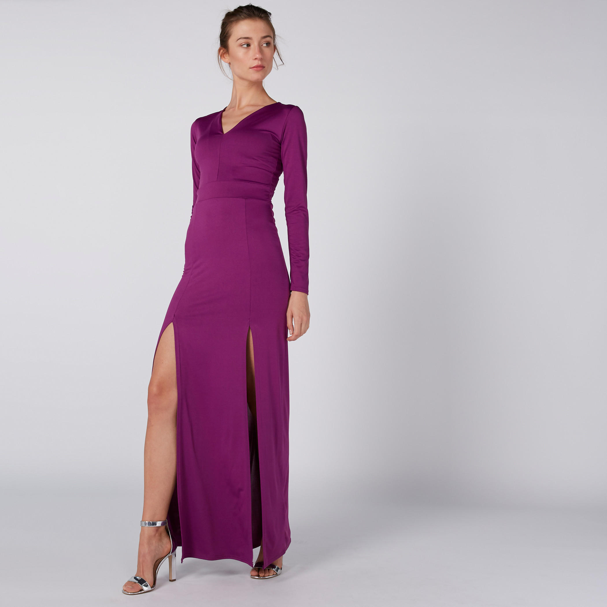 فستان ماكسي إيه لاين بأكمام طويلة وفتحات وياقة V-women-clothing-dresses-image-1