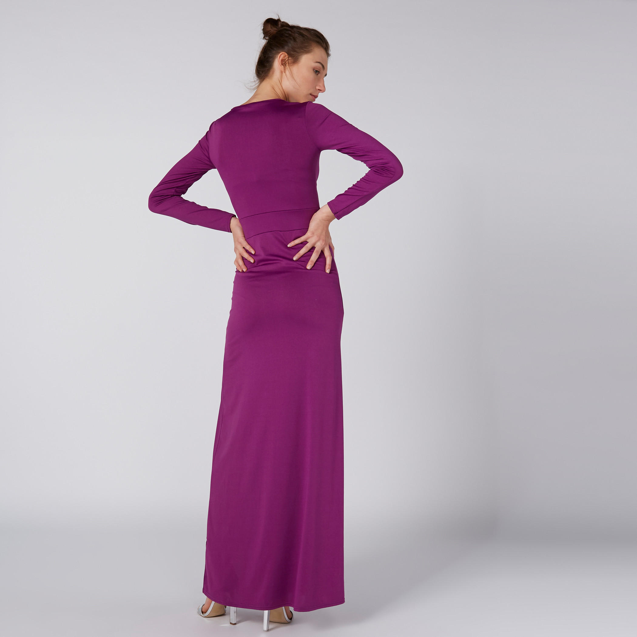 فستان ماكسي إيه لاين بأكمام طويلة وفتحات وياقة V-women-clothing-dresses-image-5
