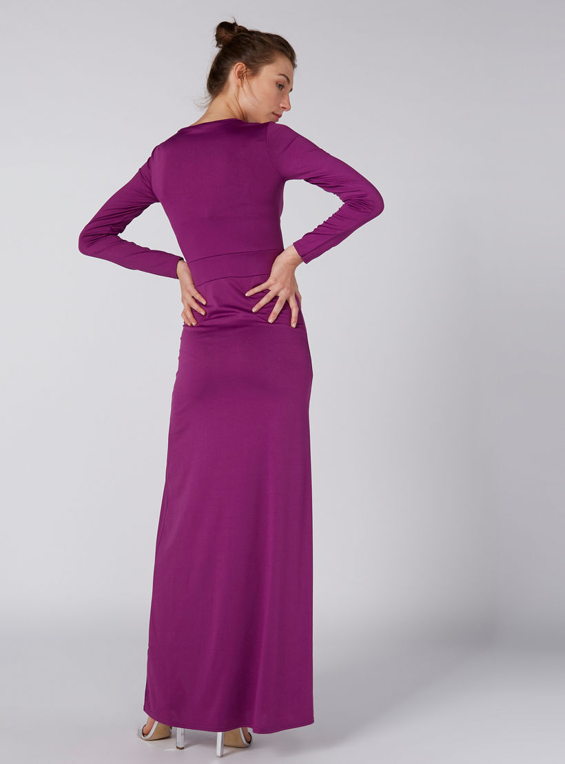 فستان ماكسي إيه لاين بأكمام طويلة وفتحات وياقة V-women-clothing-dresses-image-5