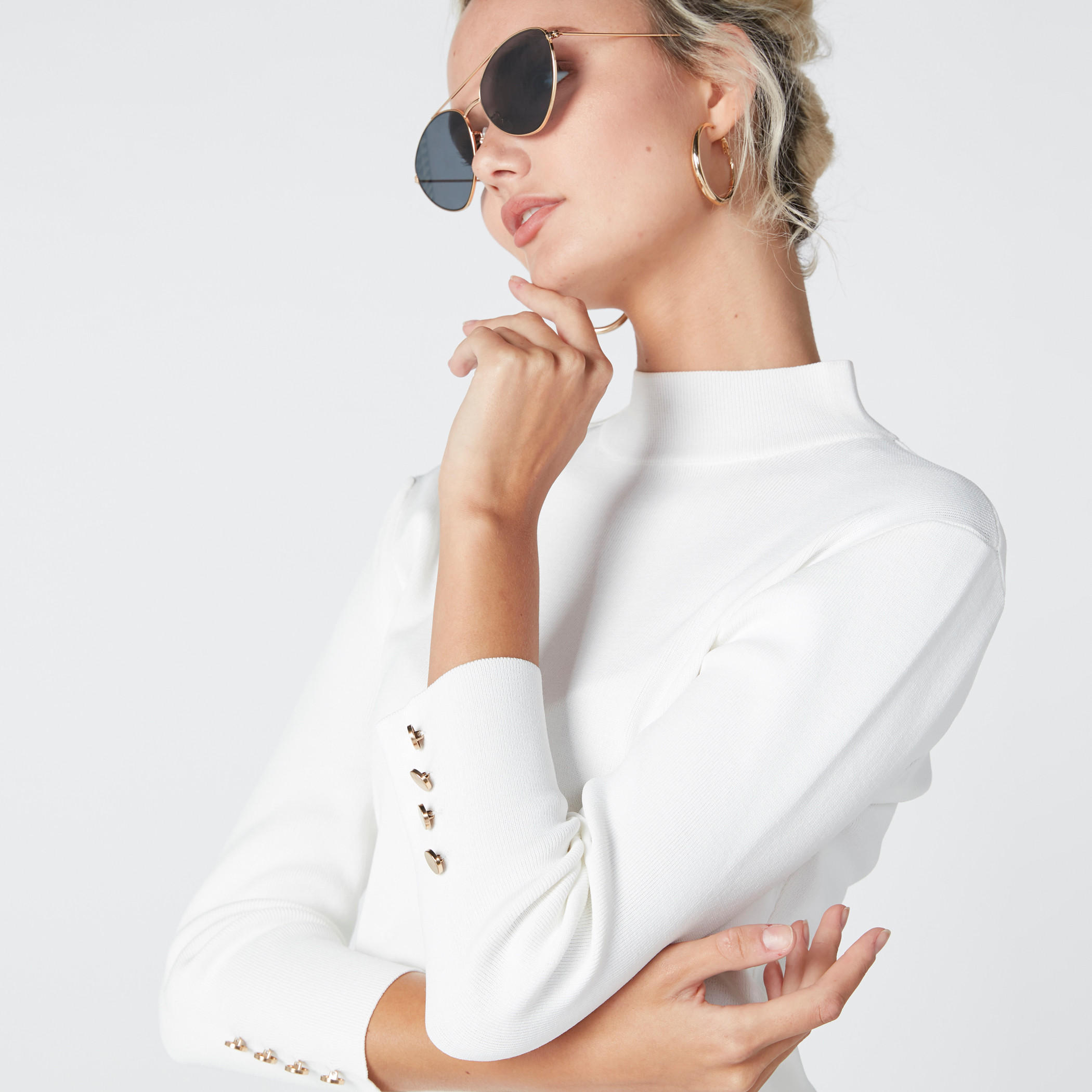بلوزة ياقة عالية وأكمام 3/4 وأزرار-women-clothing-shirtsandblouses-blouses-image-2