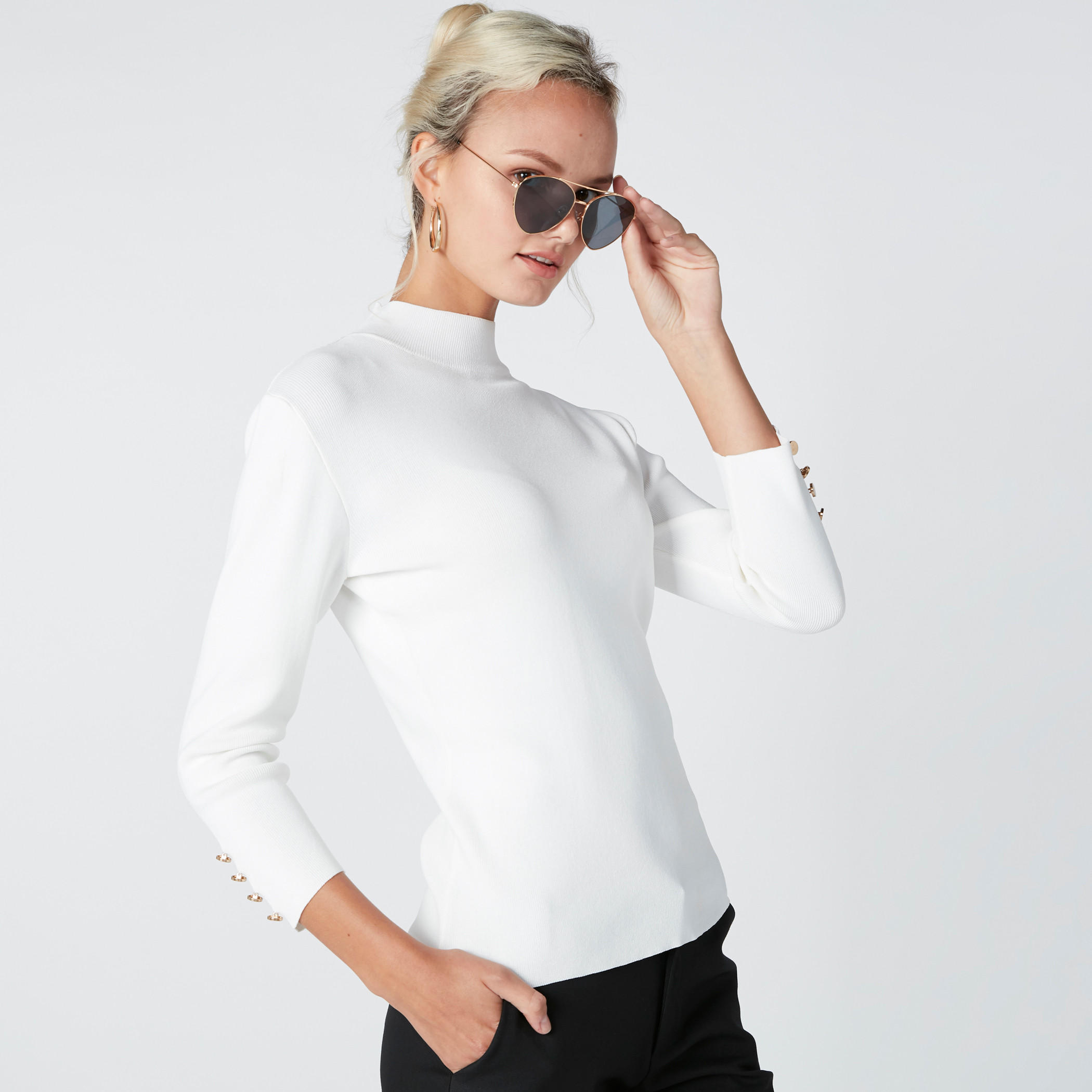 بلوزة ياقة عالية وأكمام 3/4 وأزرار-women-clothing-shirtsandblouses-blouses-image-1