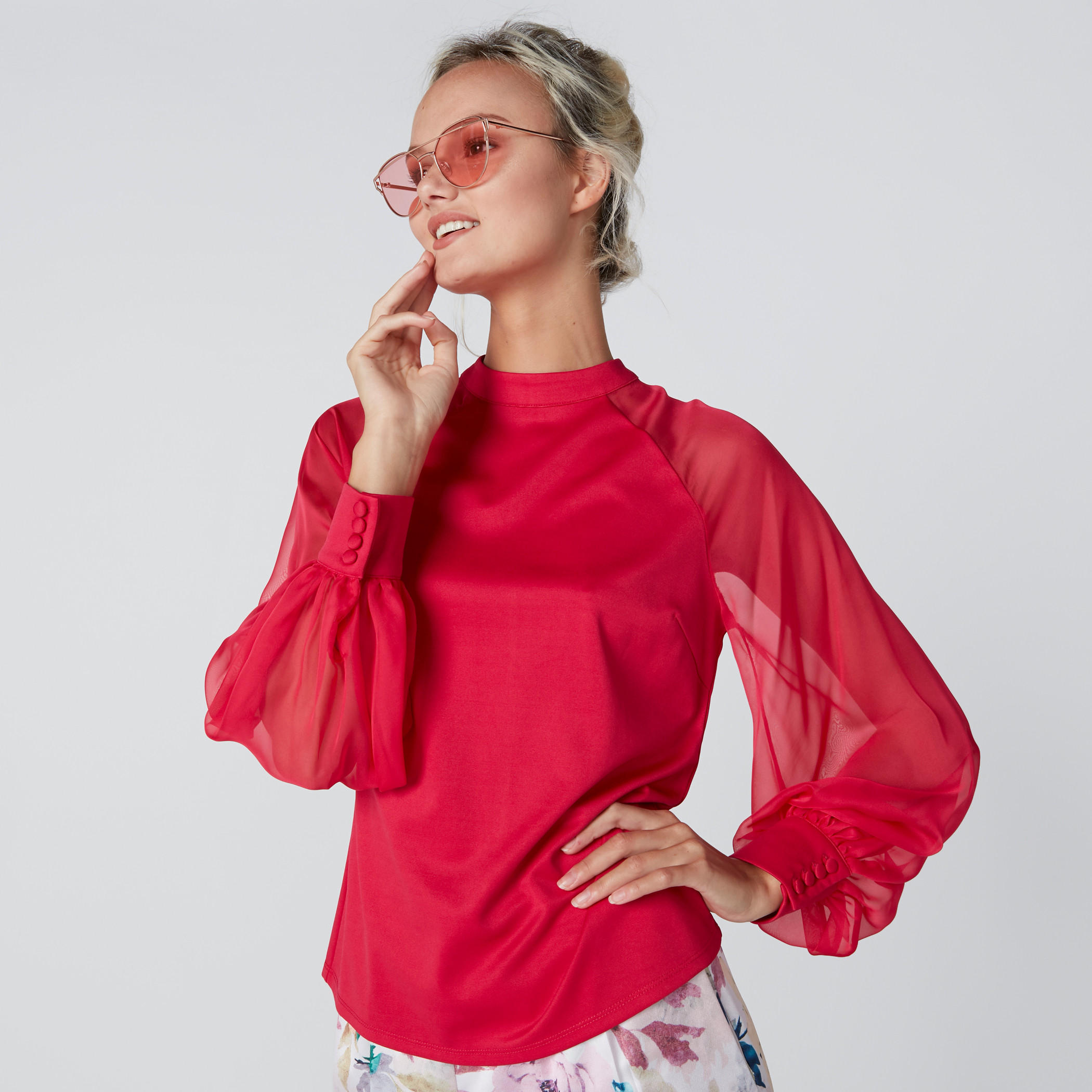 بلوزة بياقة عالية بأكمام مغايرة وزر-women-clothing-shirtsandblouses-blouses-image-4