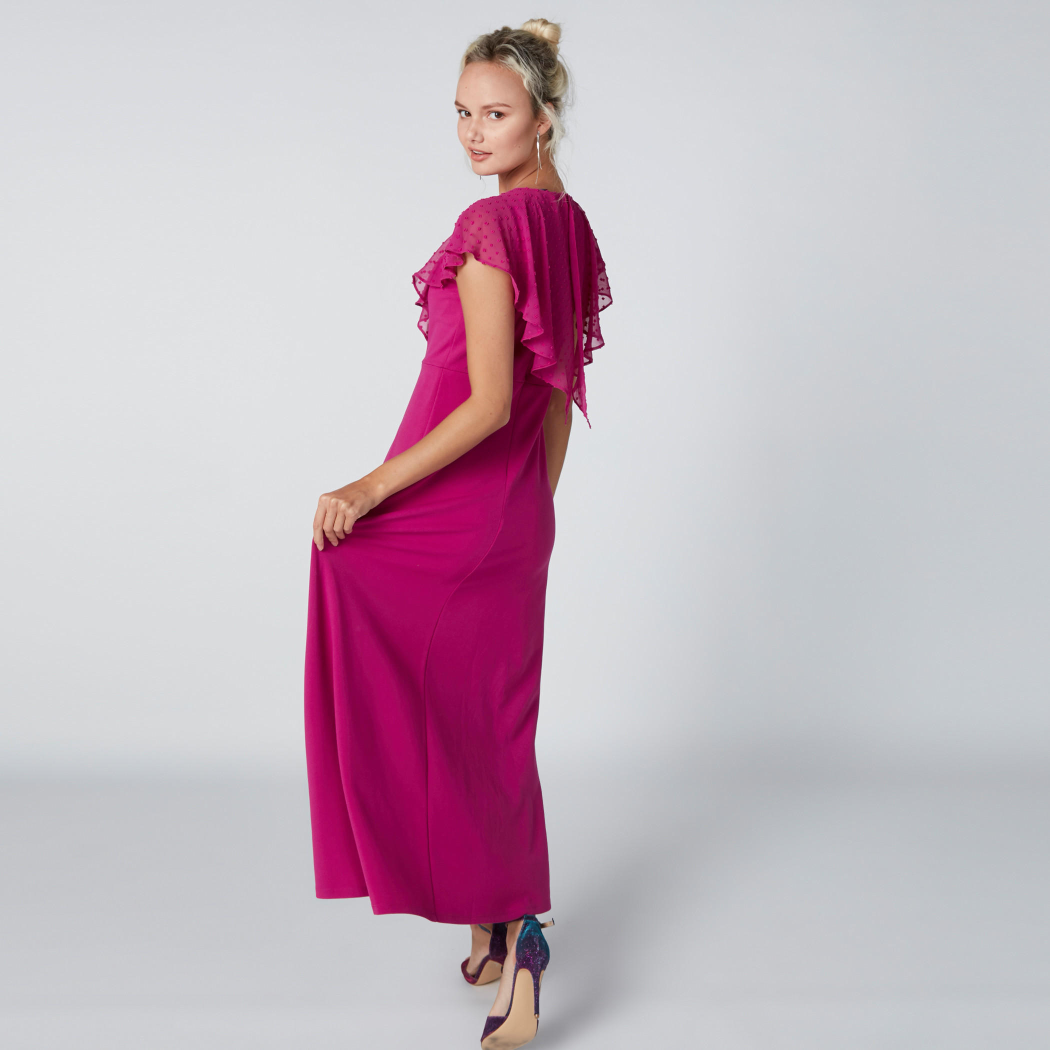 فستان طويل إيه لاين بياقة مستديرة وتفاصيل كشكش-women-clothing-dresses-image-2