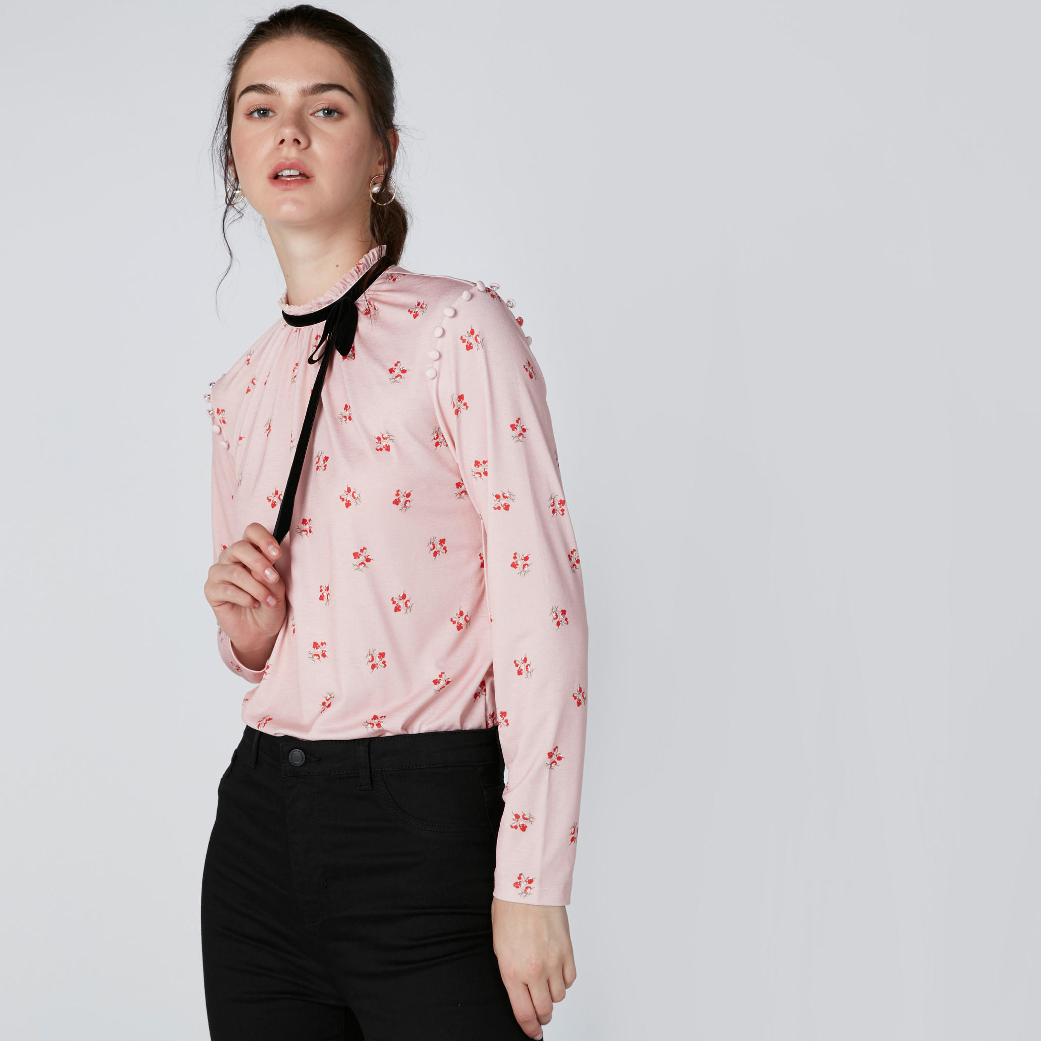 High Neck Printed Top with Button Detail and Long Sleeves-women-clothing-shirtsandblouses-blouses-image-1