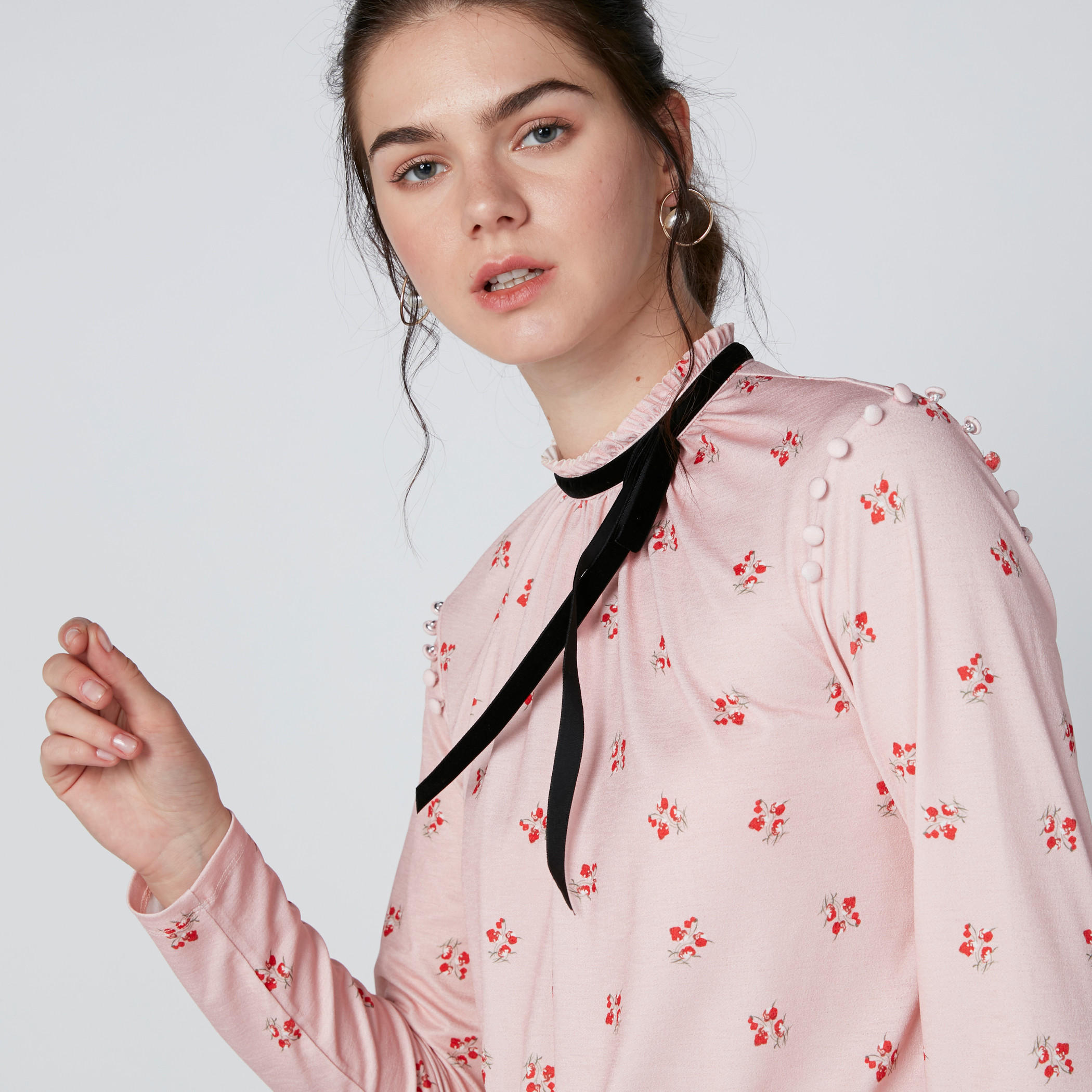 High Neck Printed Top with Button Detail and Long Sleeves-women-clothing-shirtsandblouses-blouses-image-2