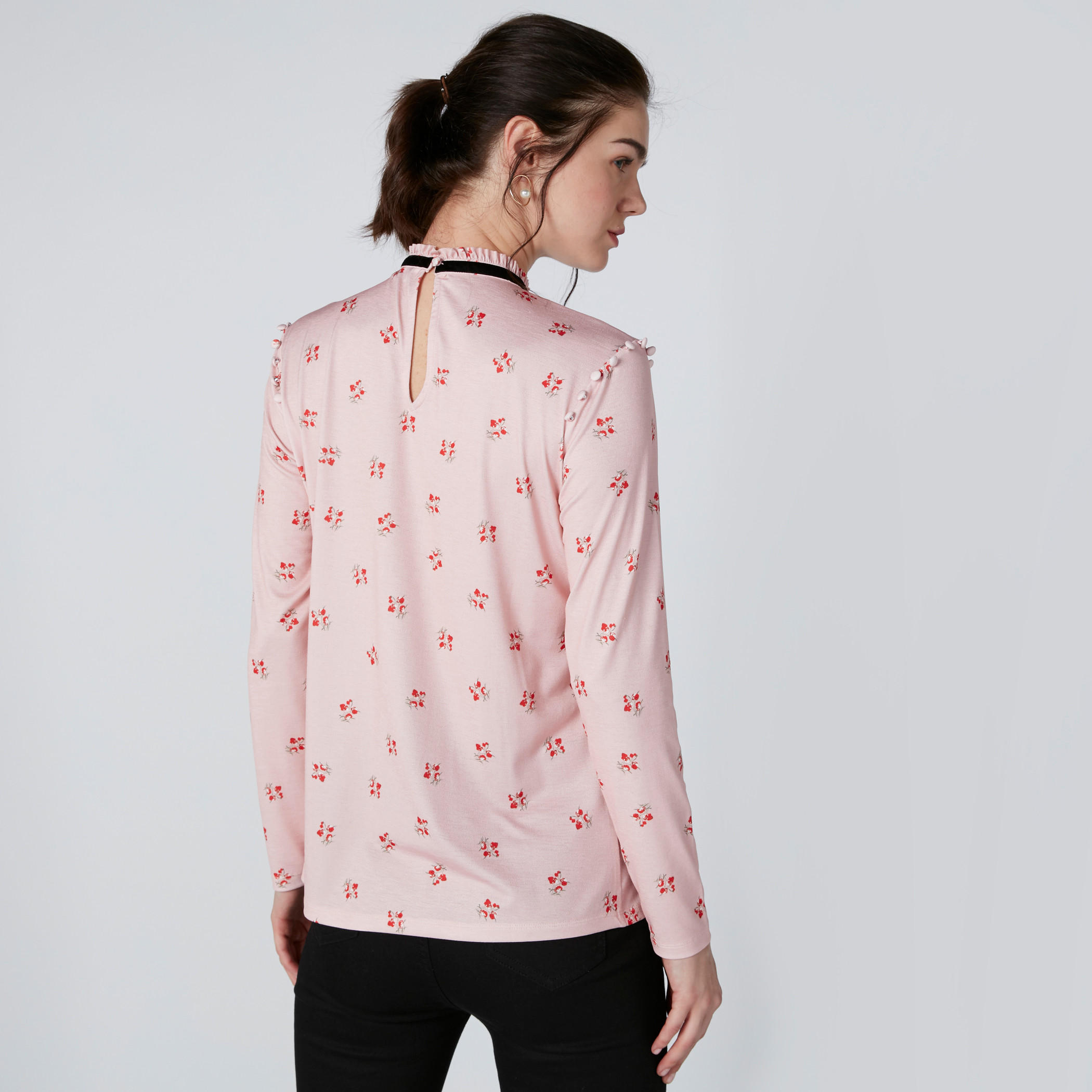 High Neck Printed Top with Button Detail and Long Sleeves-women-clothing-shirtsandblouses-blouses-image-3