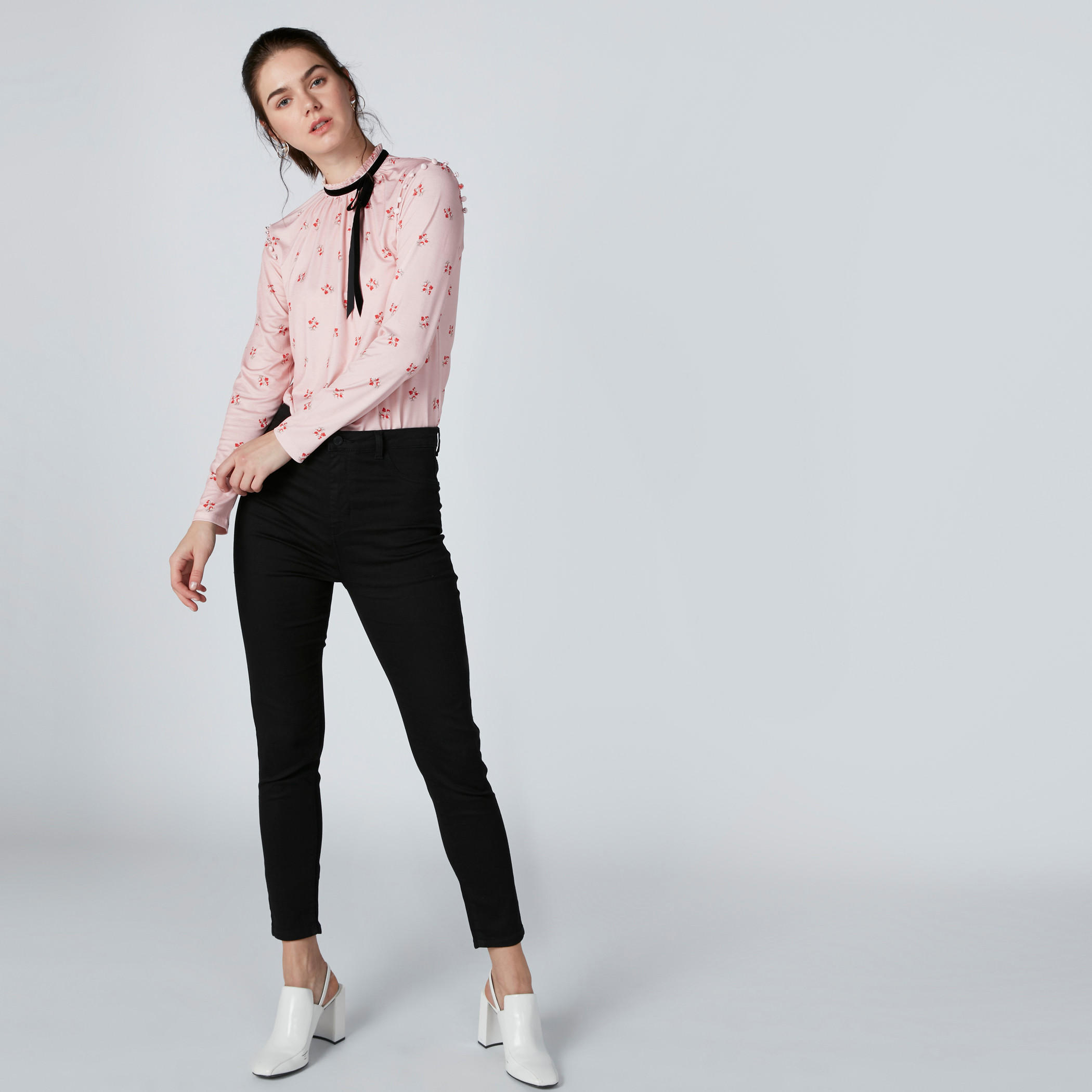 High Neck Printed Top with Button Detail and Long Sleeves-women-clothing-shirtsandblouses-blouses-image-4