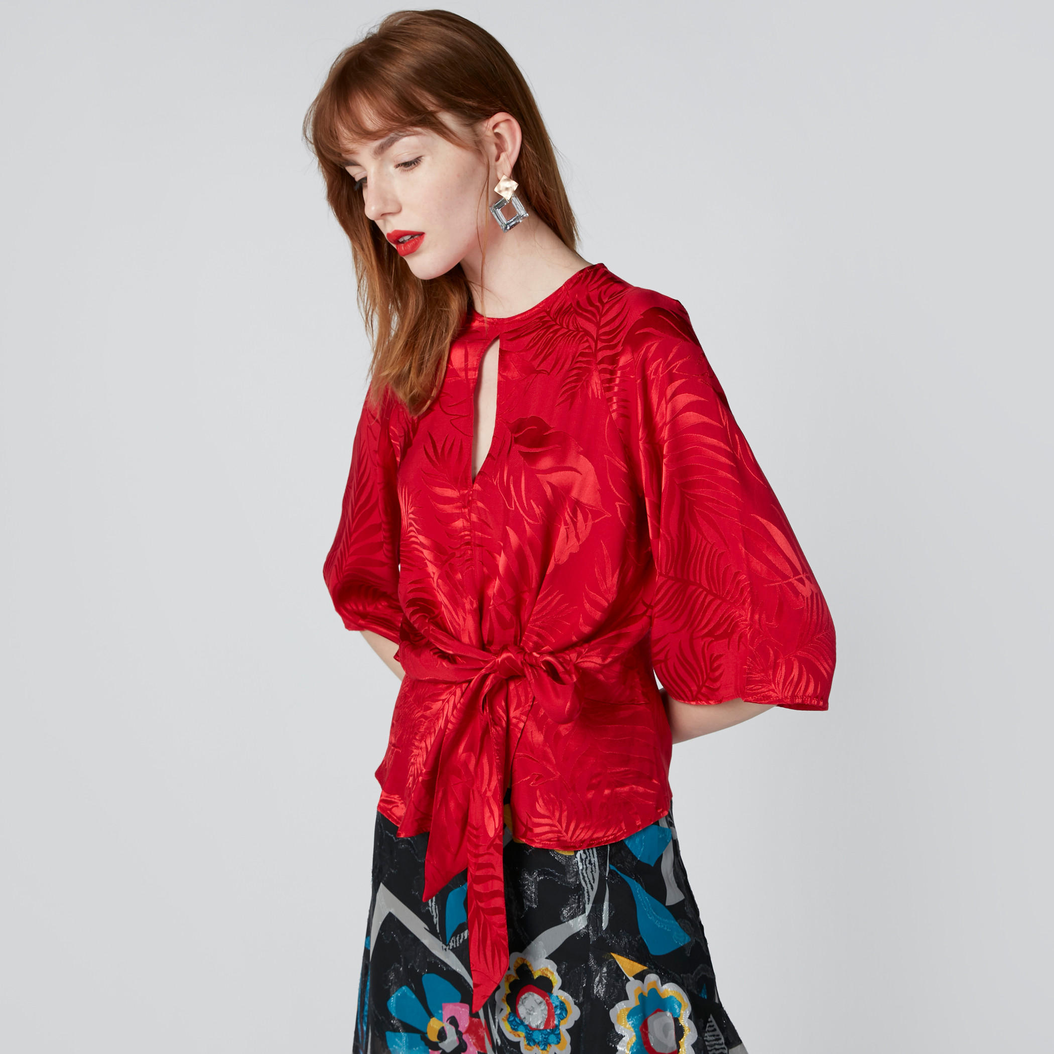 Textured Round Neck Top with 3/4 Flared Sleeves and Tie Ups-women-clothing-shirtsandblouses-blouses-image-1