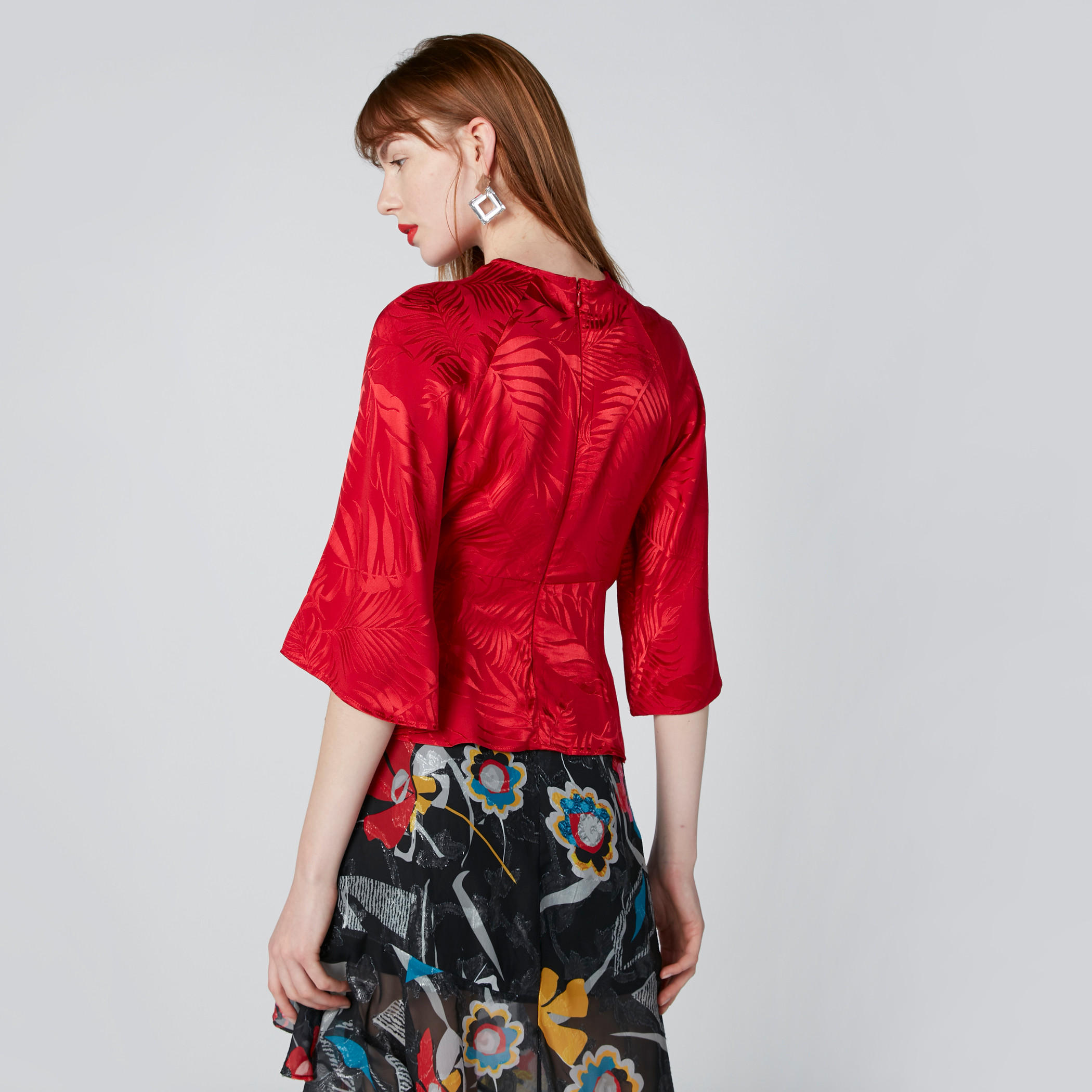 Textured Round Neck Top with 3/4 Flared Sleeves and Tie Ups-women-clothing-shirtsandblouses-blouses-image-2