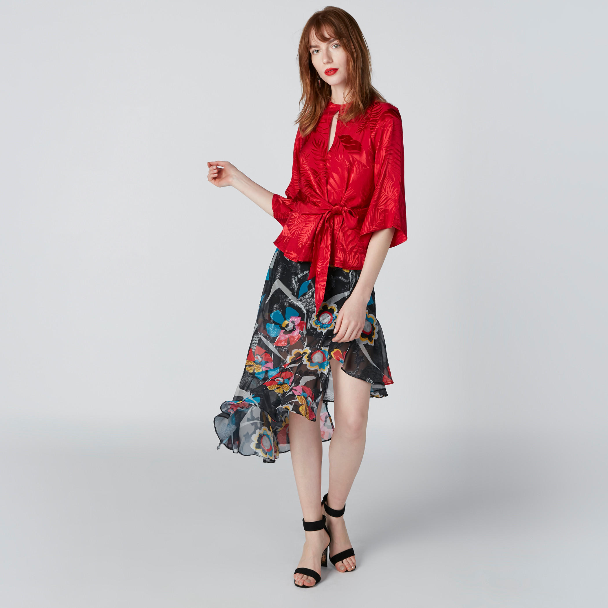 Textured Round Neck Top with 3/4 Flared Sleeves and Tie Ups-women-clothing-shirtsandblouses-blouses-image-3