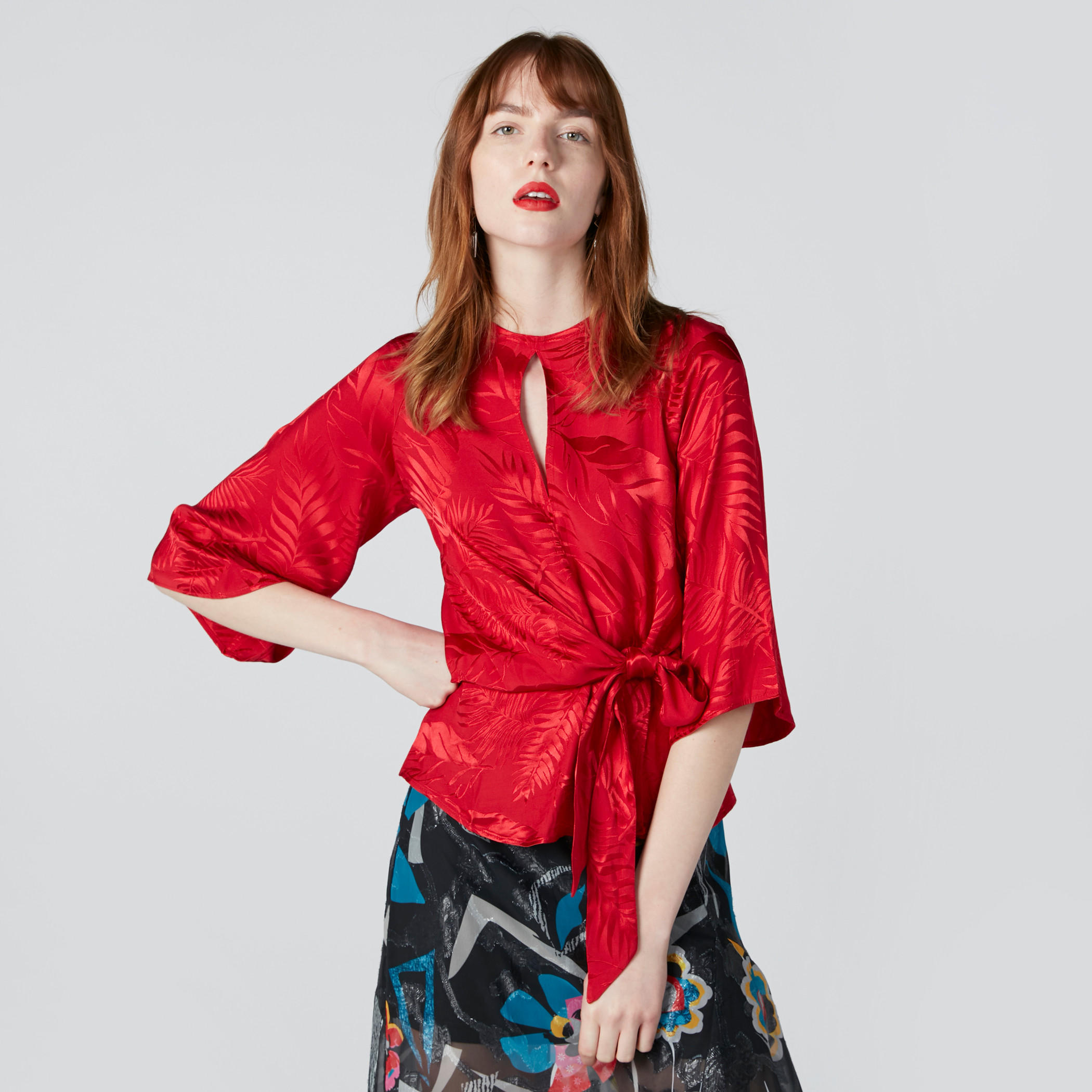 Textured Round Neck Top with 3/4 Flared Sleeves and Tie Ups-women-clothing-shirtsandblouses-blouses-image-4