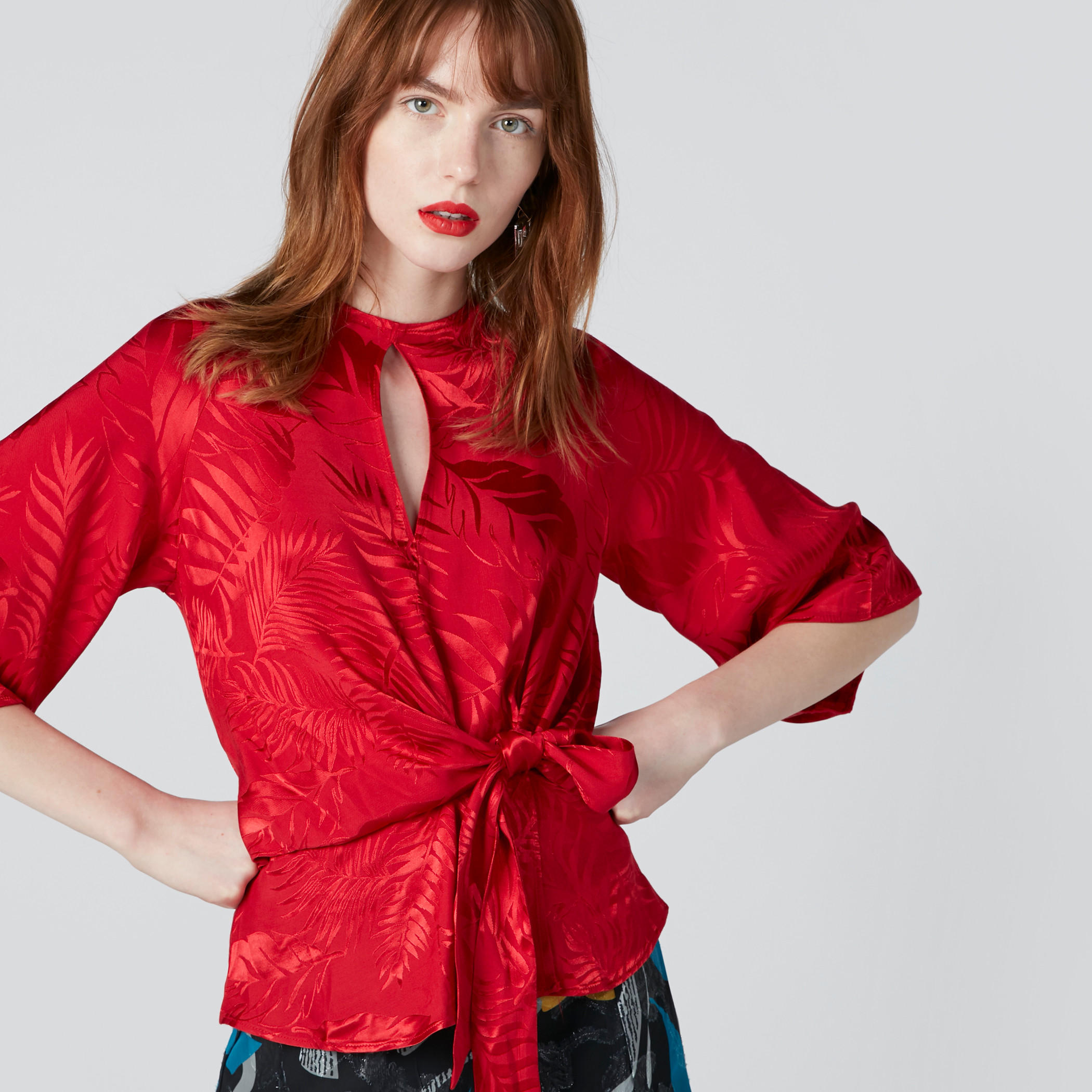 Textured Round Neck Top with 3/4 Flared Sleeves and Tie Ups-women-clothing-shirtsandblouses-blouses-image-5