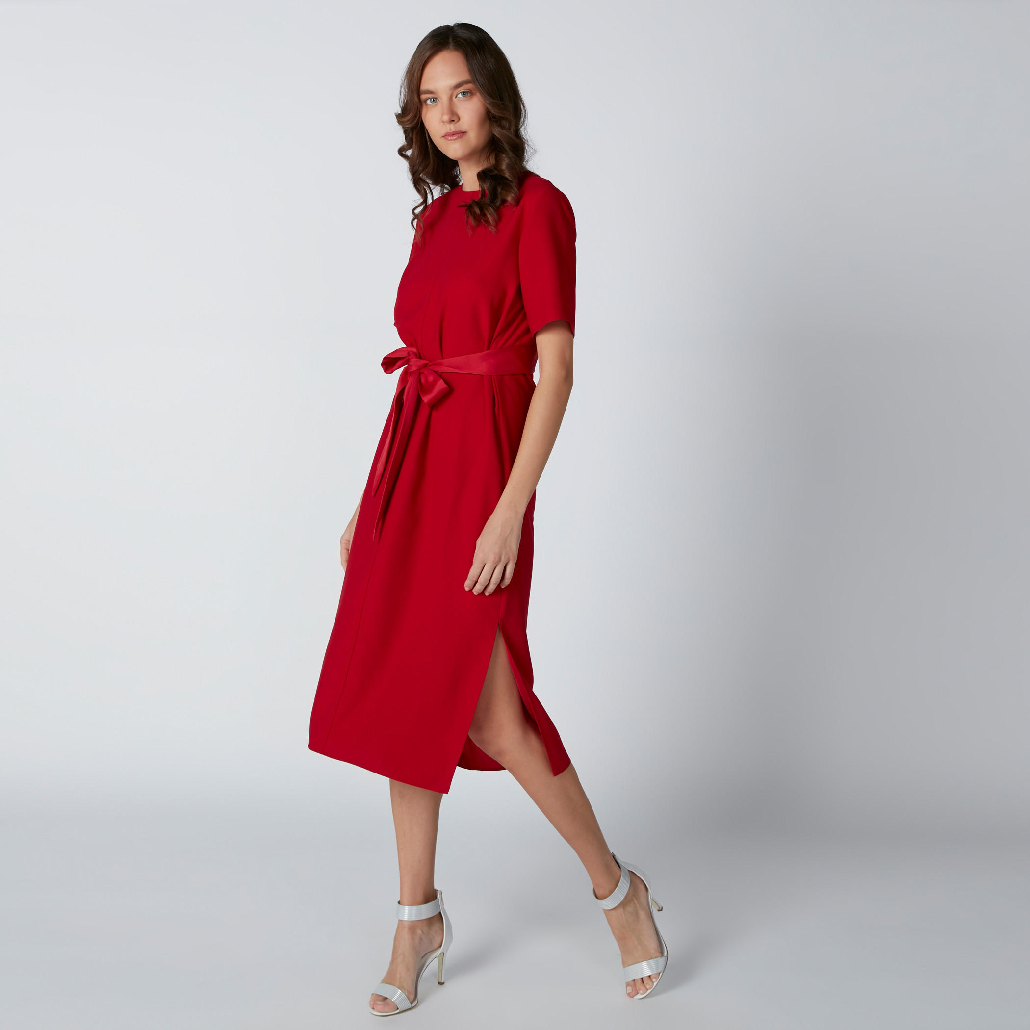 فستان إيه لاين متوسط الطول بحزام رباط وفتحة جانبية-women-clothing-dresses-image-1