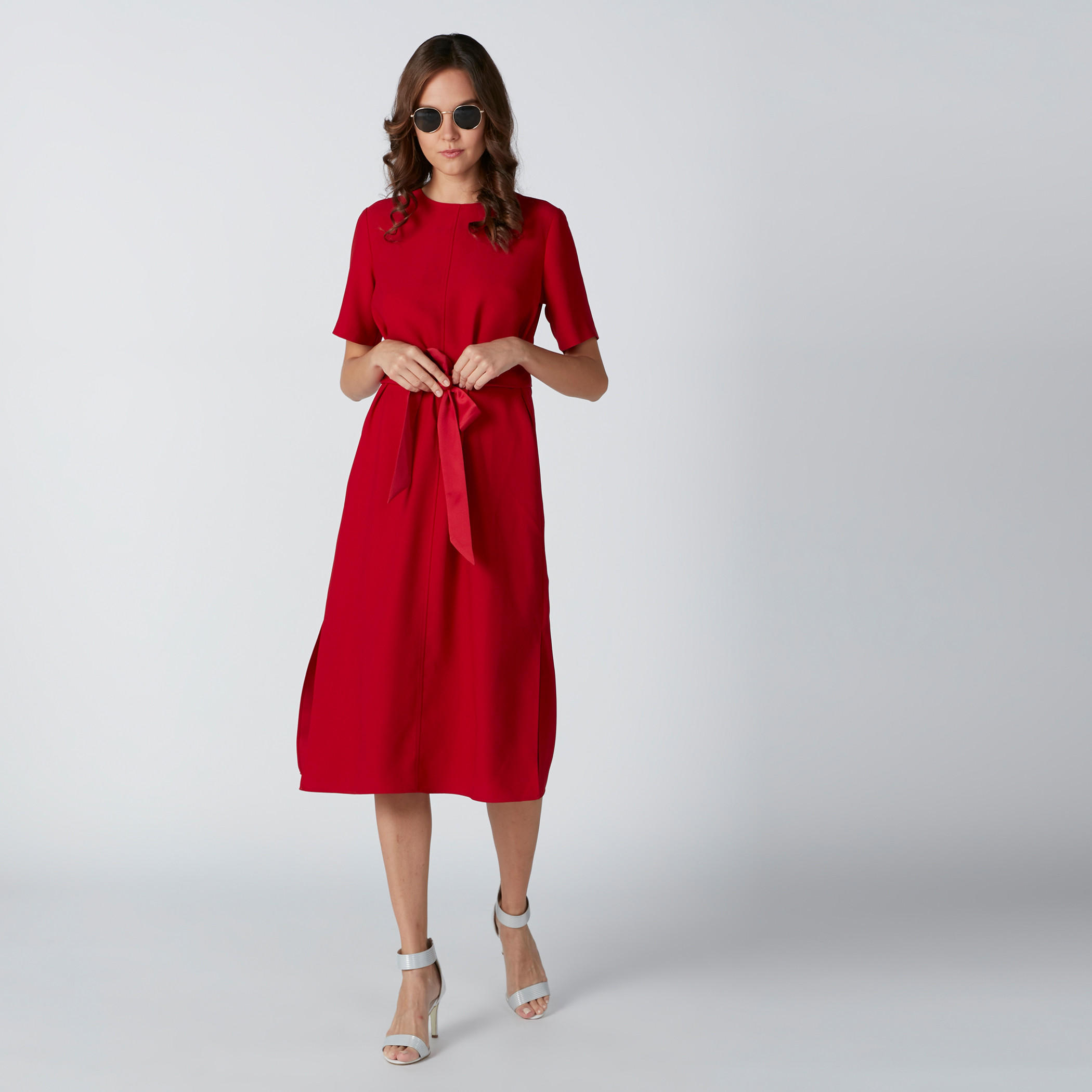 فستان إيه لاين متوسط الطول بحزام رباط وفتحة جانبية-women-clothing-dresses-image-3