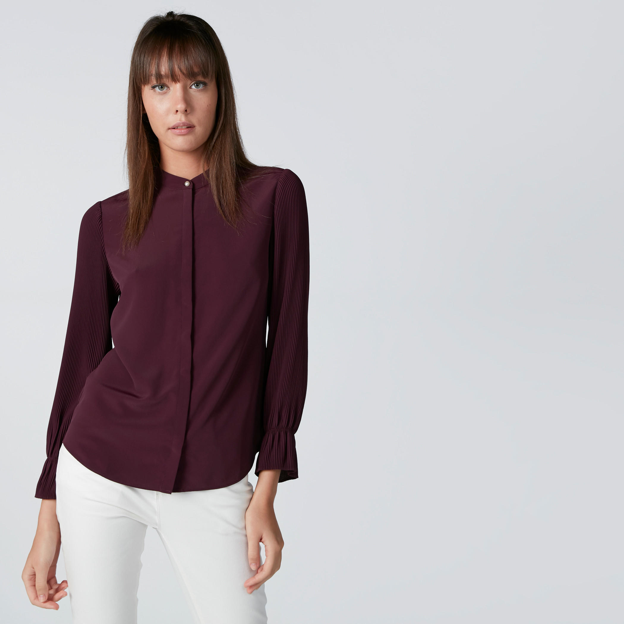 Mandarin Collar Shirt with Pleated Long Sleeves and Concealed Placket-women-clothing-shirtsandblouses-shirts-image-4