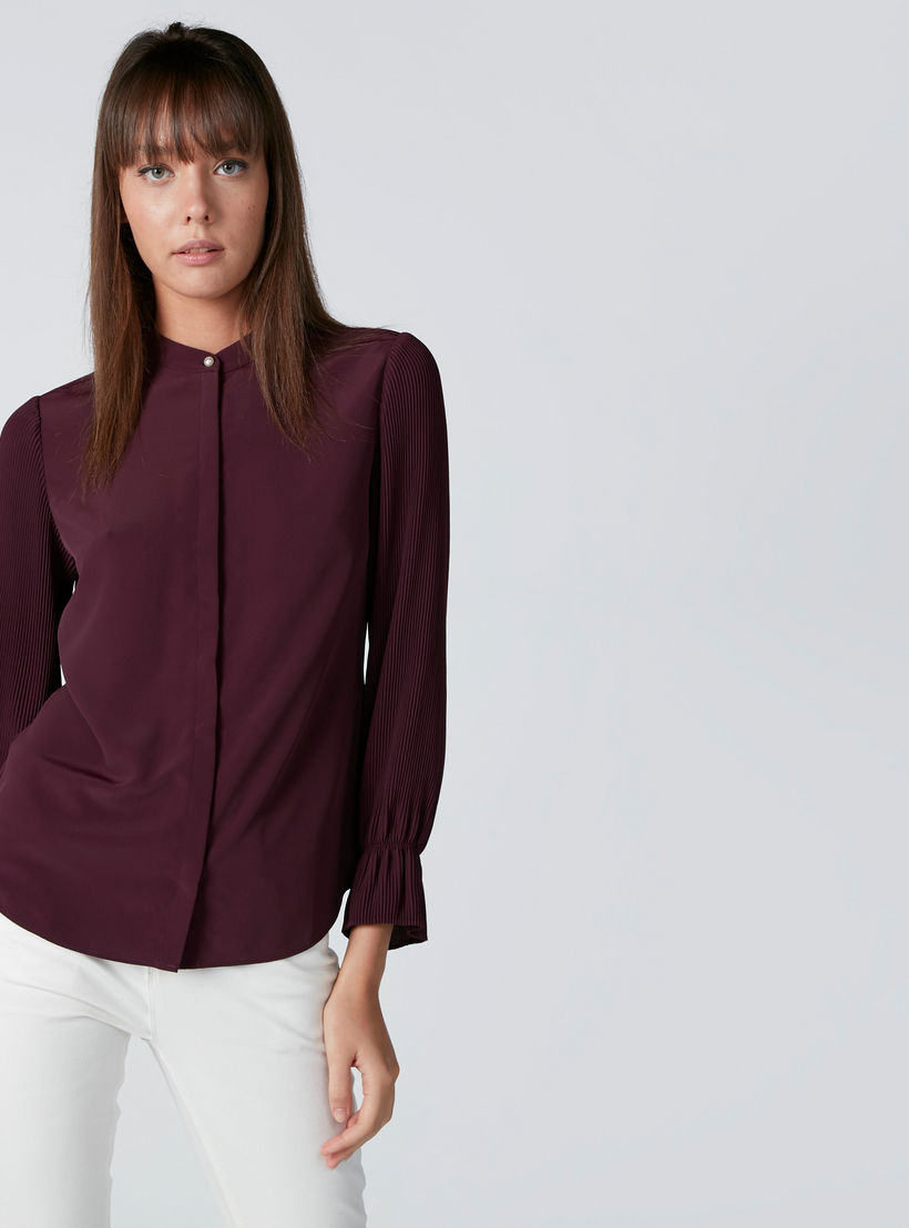 Mandarin Collar Shirt with Pleated Long Sleeves and Concealed Placket-women-clothing-shirtsandblouses-shirts-image-4